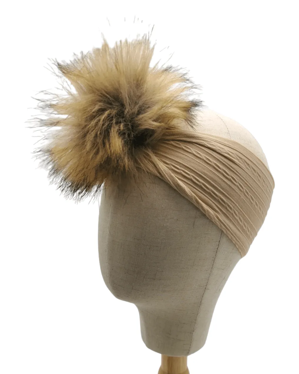 Sand Faux Fur Pom Cable Knit Headband