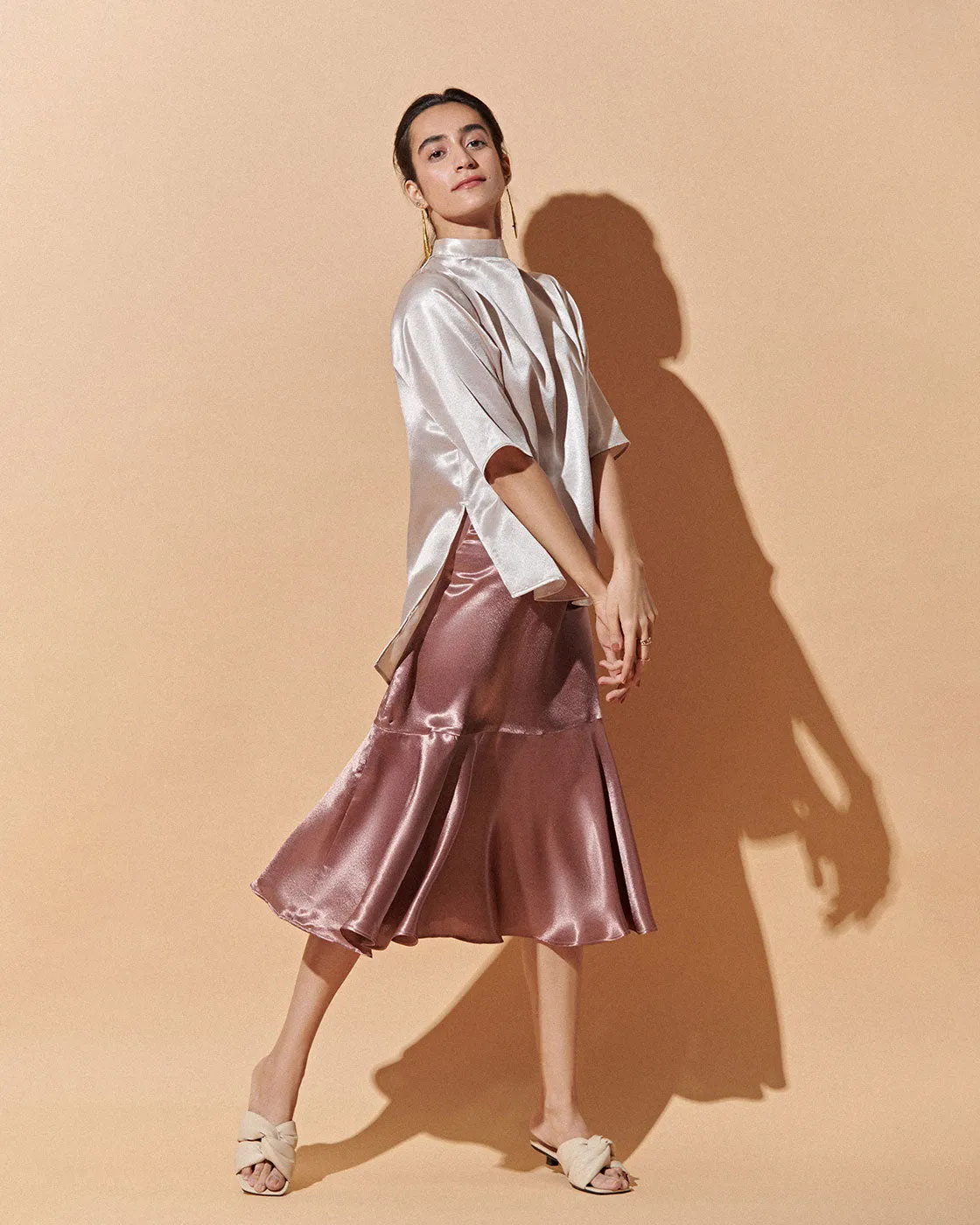 Sand Pink & Mauve Satin Skirt Top Set