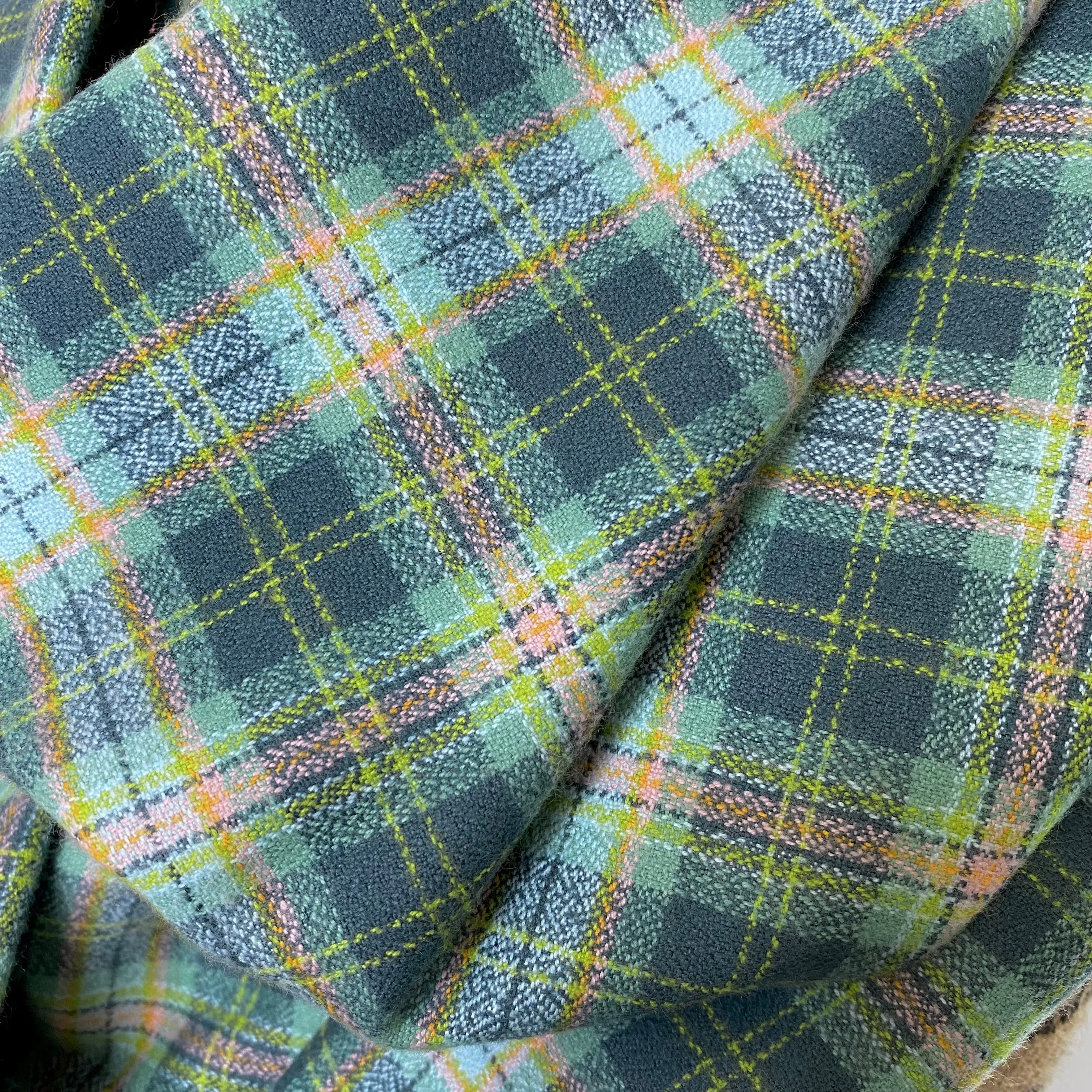 Shades of Cucumber Melon Greens with small accents of Sky Blue, Pink, and Orange Luxe Collection Plaid Infinity and Blanket Scarves