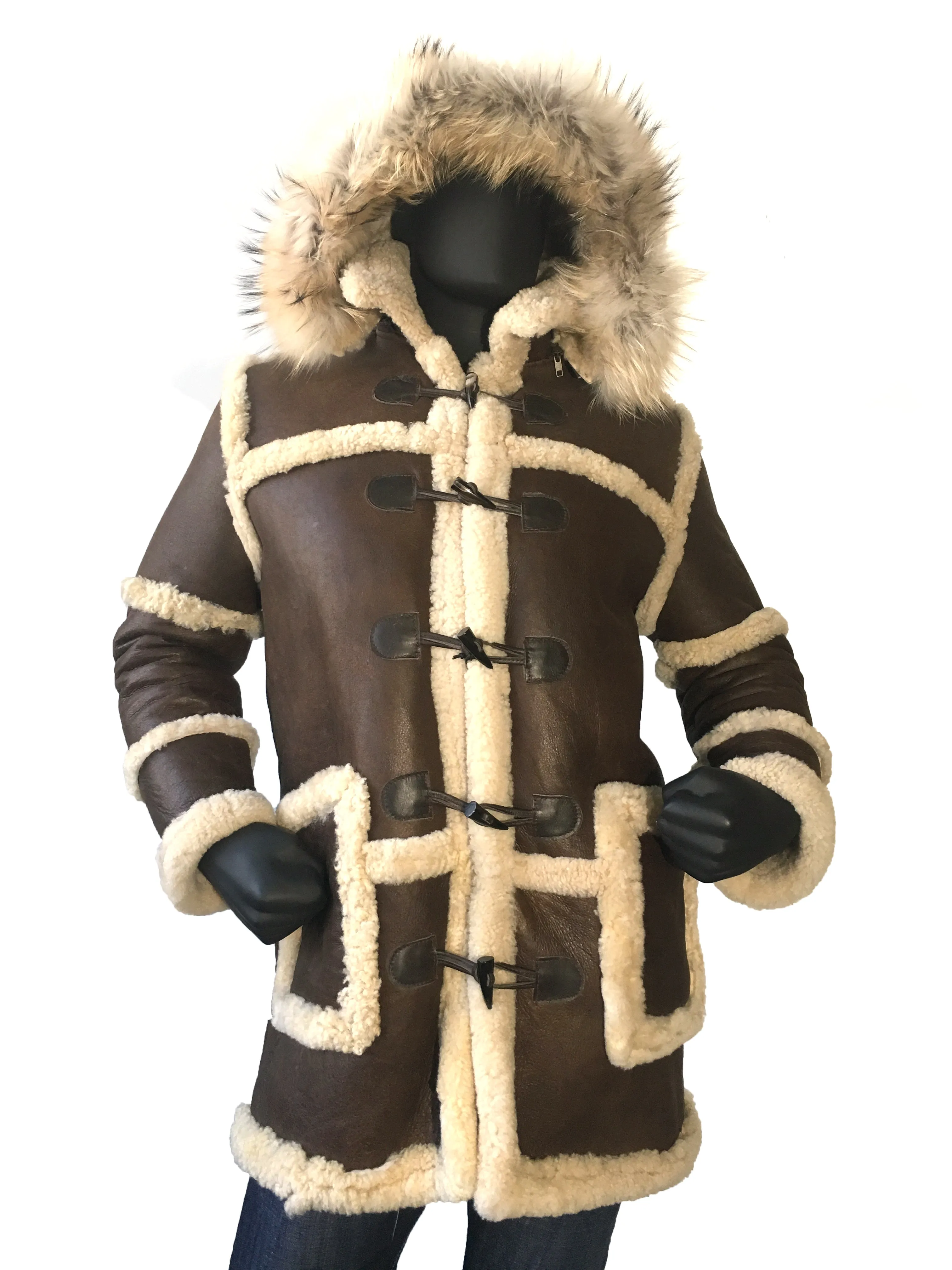 Sheepskin Long Jacket Toggle Closer with Hood and Fur Style #4100