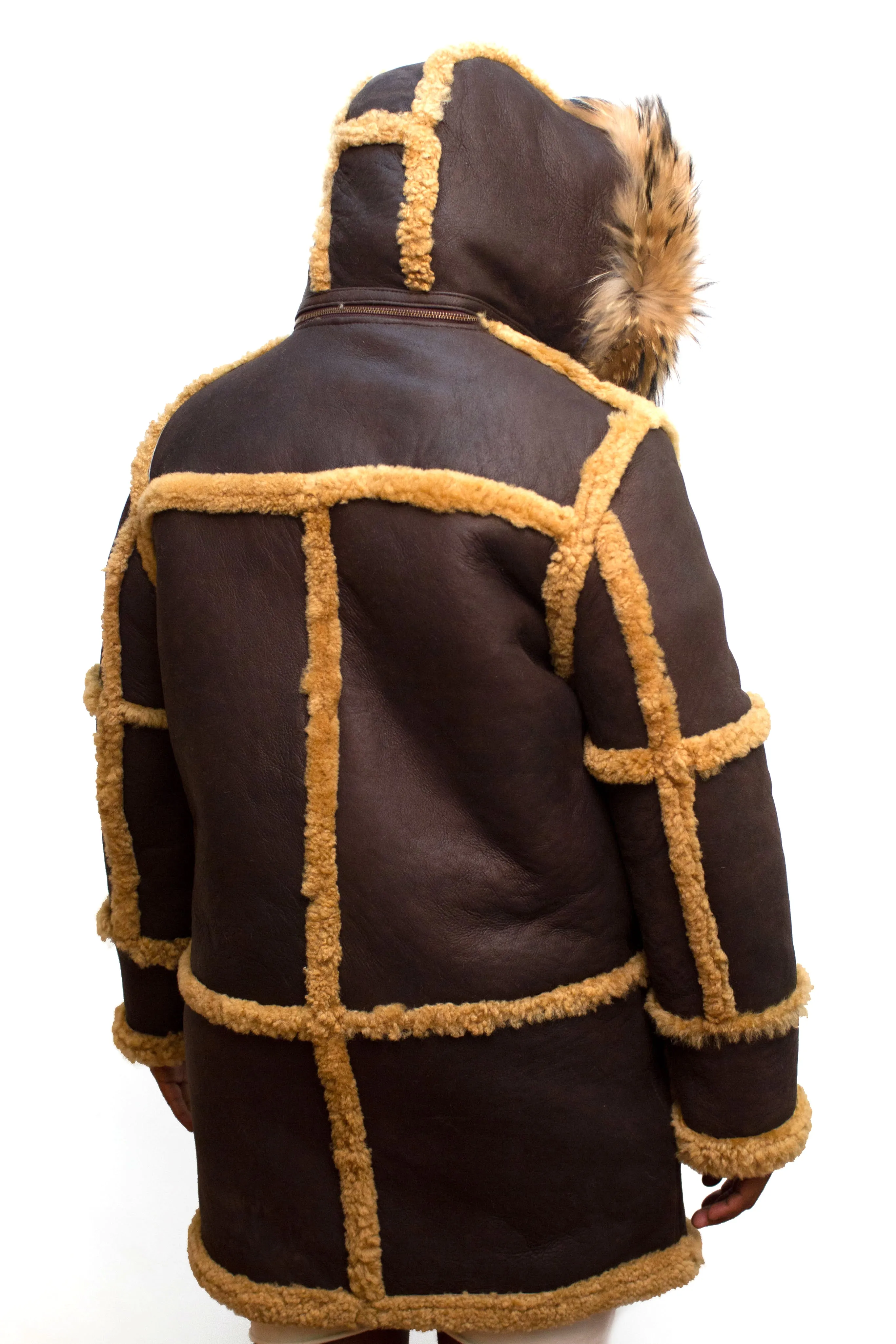 Sheepskin Long Jacket Toggle Closer with Hood and Fur Style #4100