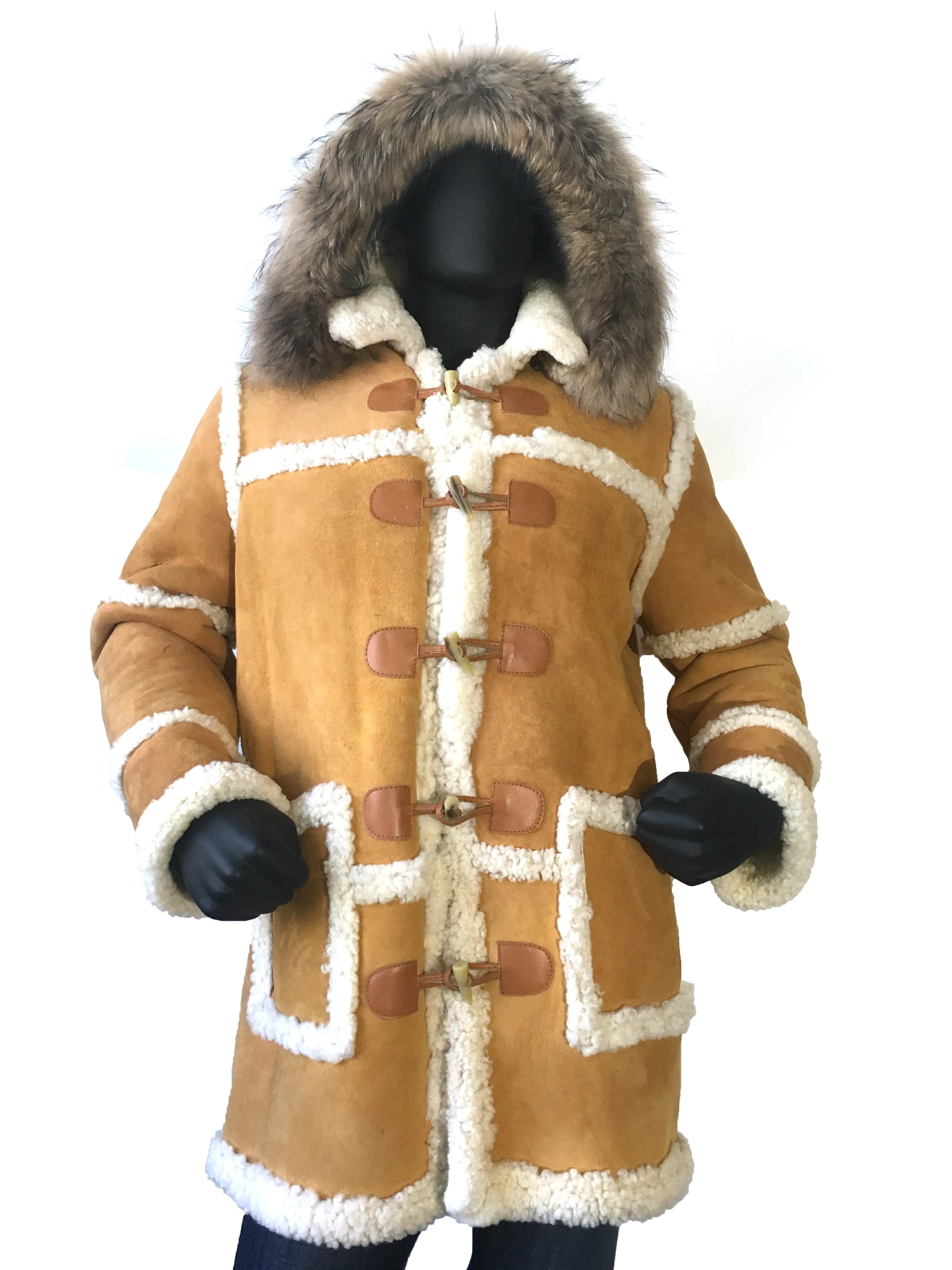 Sheepskin Long Jacket Toggle Closer with Hood and Fur Style #4100