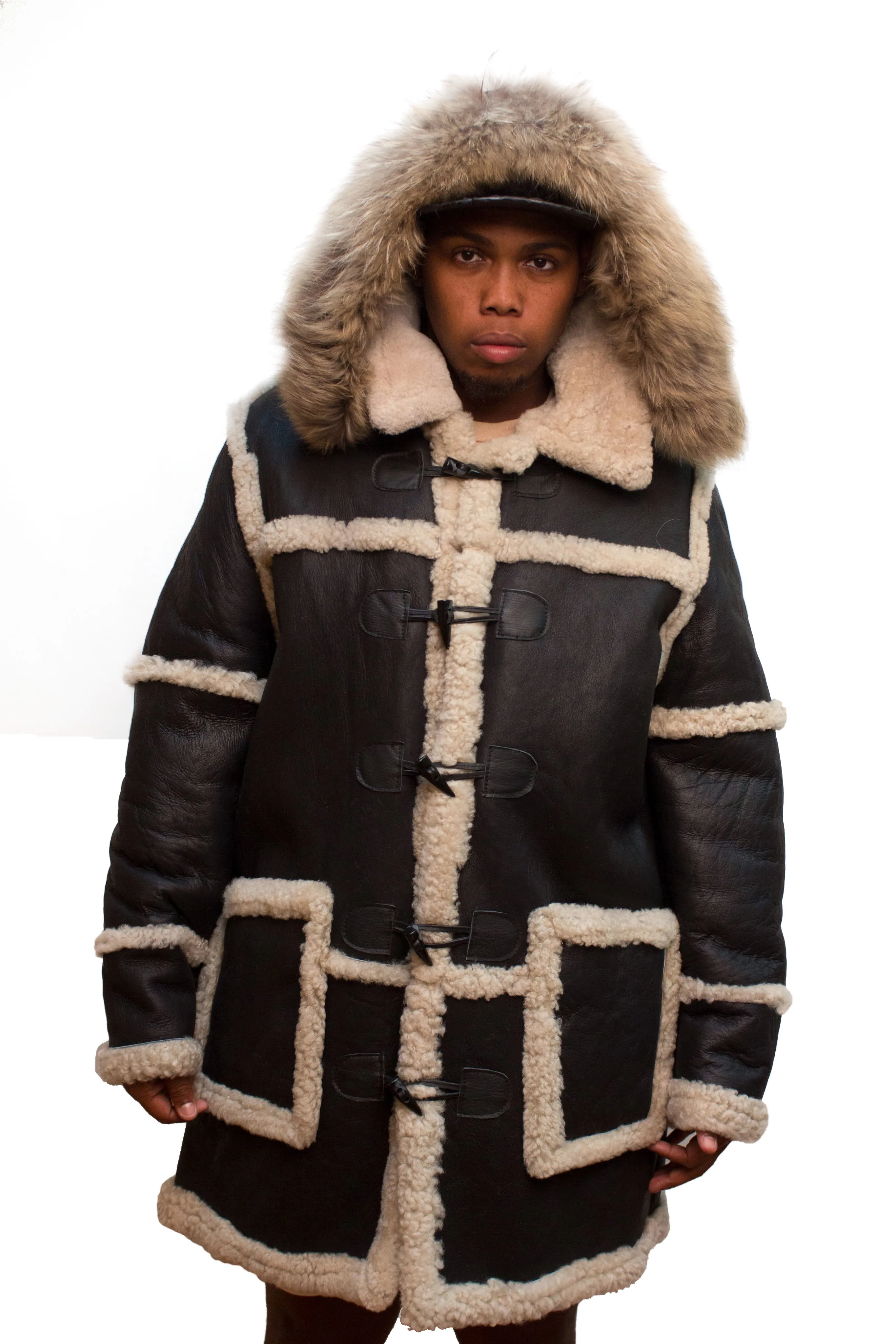 Sheepskin Long Jacket Toggle Closer with Hood and Fur Style #4100