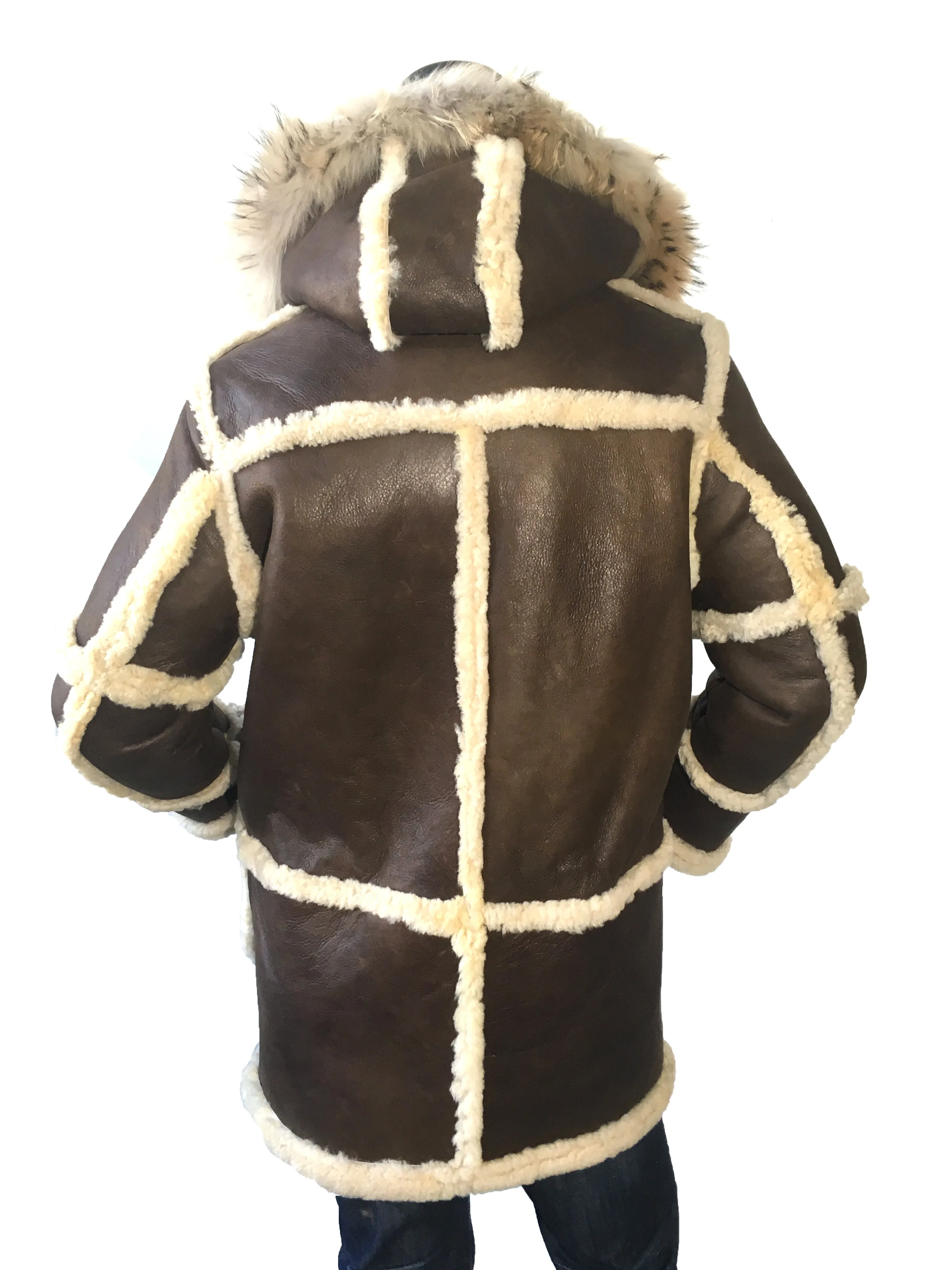 Sheepskin Long Jacket Toggle Closer with Hood and Fur Style #4100