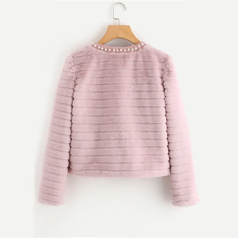 Sheinside Pink Pearl Beading Textured Faux Fur Coat Winter Collarless Cute Outerwear With Lining 2018 Womens Elegant Coats