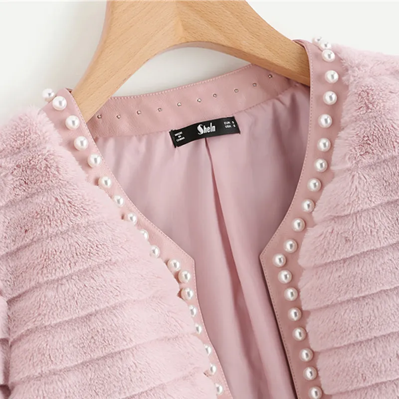 Sheinside Pink Pearl Beading Textured Faux Fur Coat Winter Collarless Cute Outerwear With Lining 2018 Womens Elegant Coats