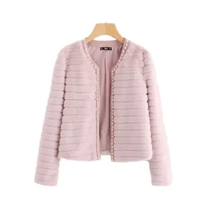 Sheinside Pink Pearl Beading Textured Faux Fur Coat Winter Collarless Cute Outerwear With Lining 2018 Womens Elegant Coats