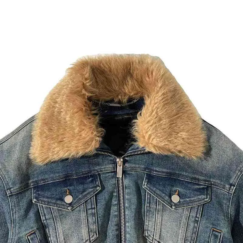 Short Denim Zipper Jacket Detachable Faux Fur Collar