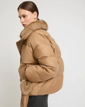 Short down jacket in Loro Piana flannel fabric with detachable sable collar