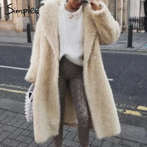 Simplee Plus size women faux fur coat Long sleeve buttons autumn winter female warm overcoat Fashion soft ladies long coats 2019