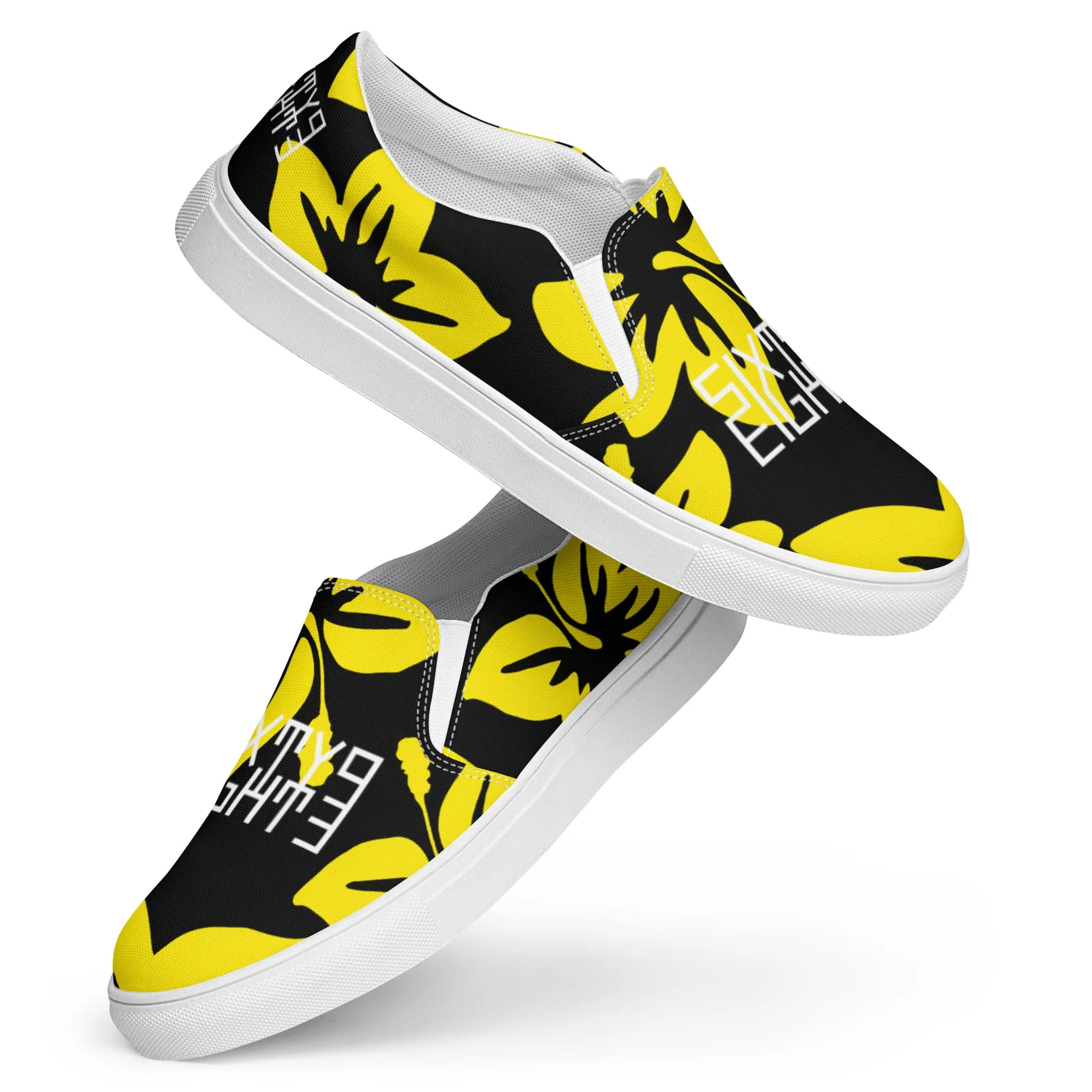 Sixty Eight 93 Logo White Hibiscus Gold & Black Women's Slip On Shoes