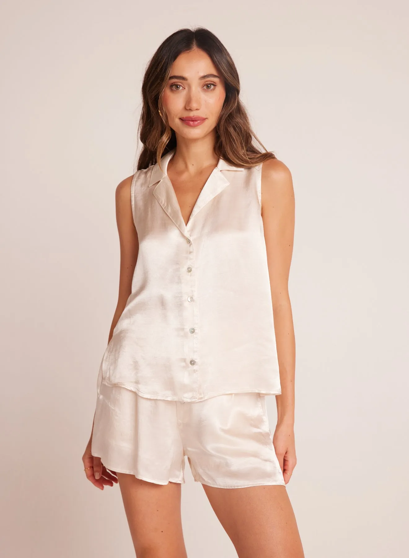 Sleeveless Notch Collar Button Down - Playa Sand