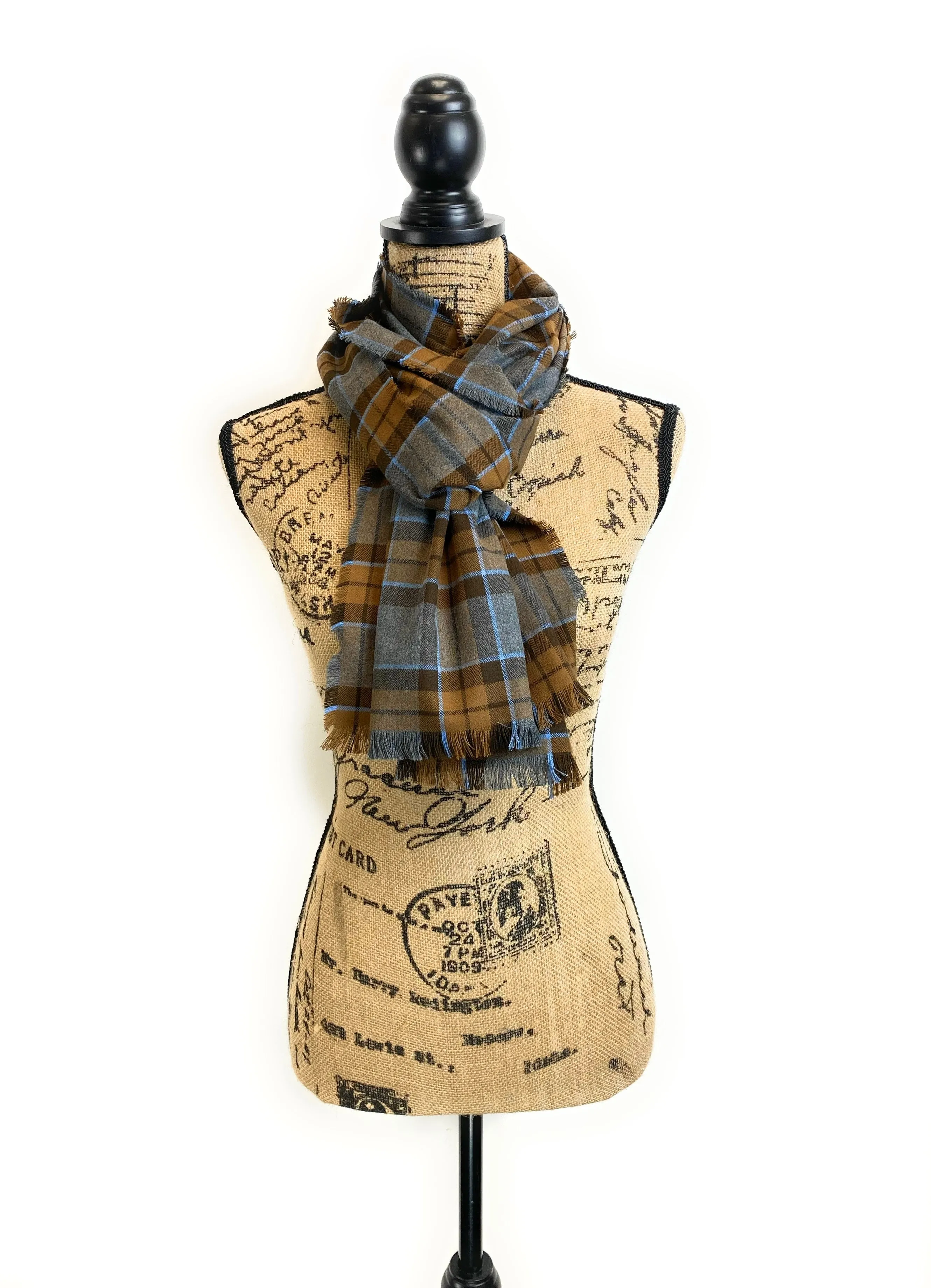 Straight Scarf - Outlander Clan MacKenzie Inspired Gray, Brown and Light Blue Cotton Flannel