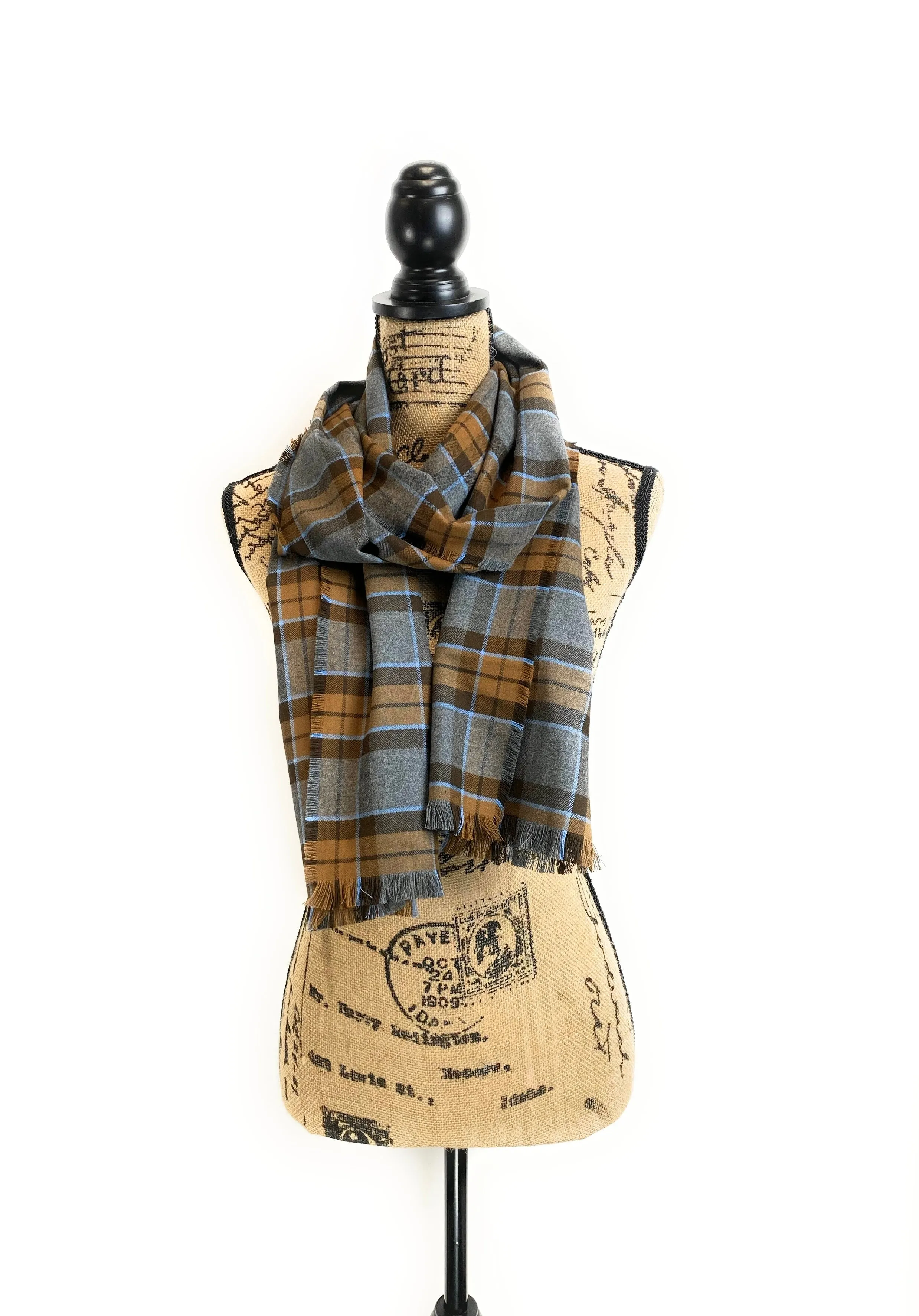 Straight Scarf - Outlander Clan MacKenzie Inspired Gray, Brown and Light Blue Cotton Flannel