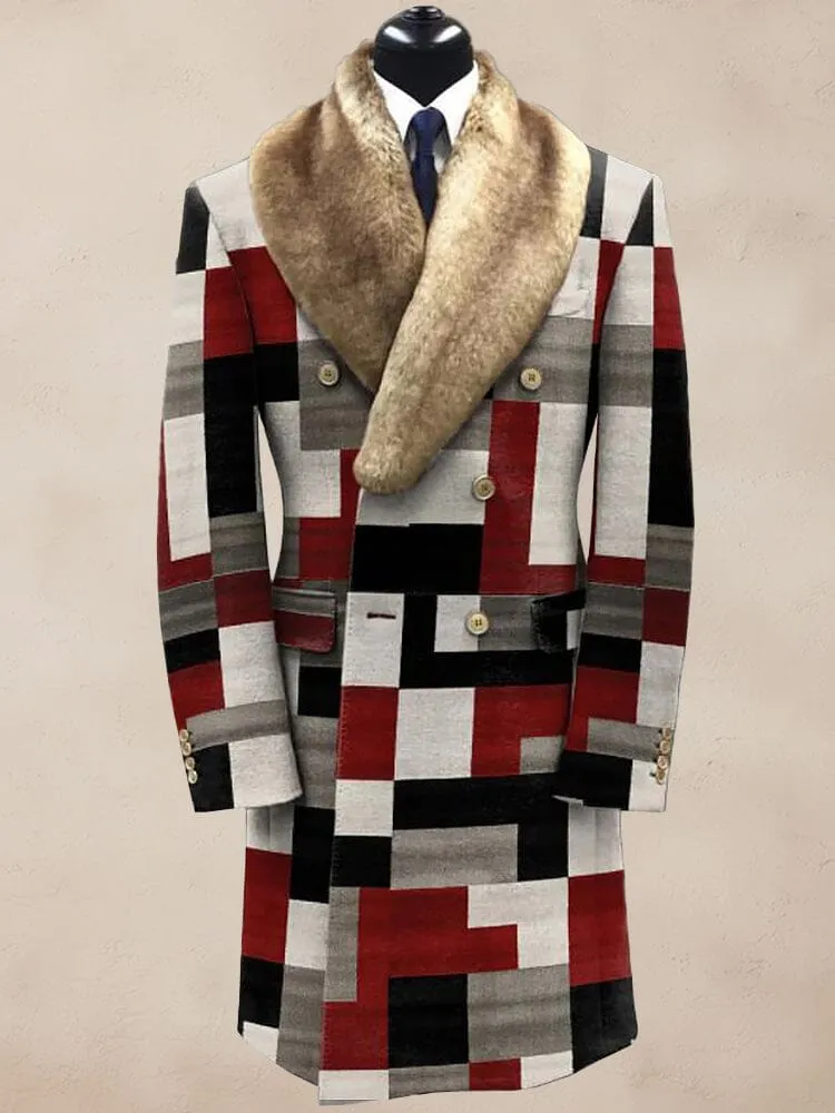 Stylish Color Block Fur Collar Coat