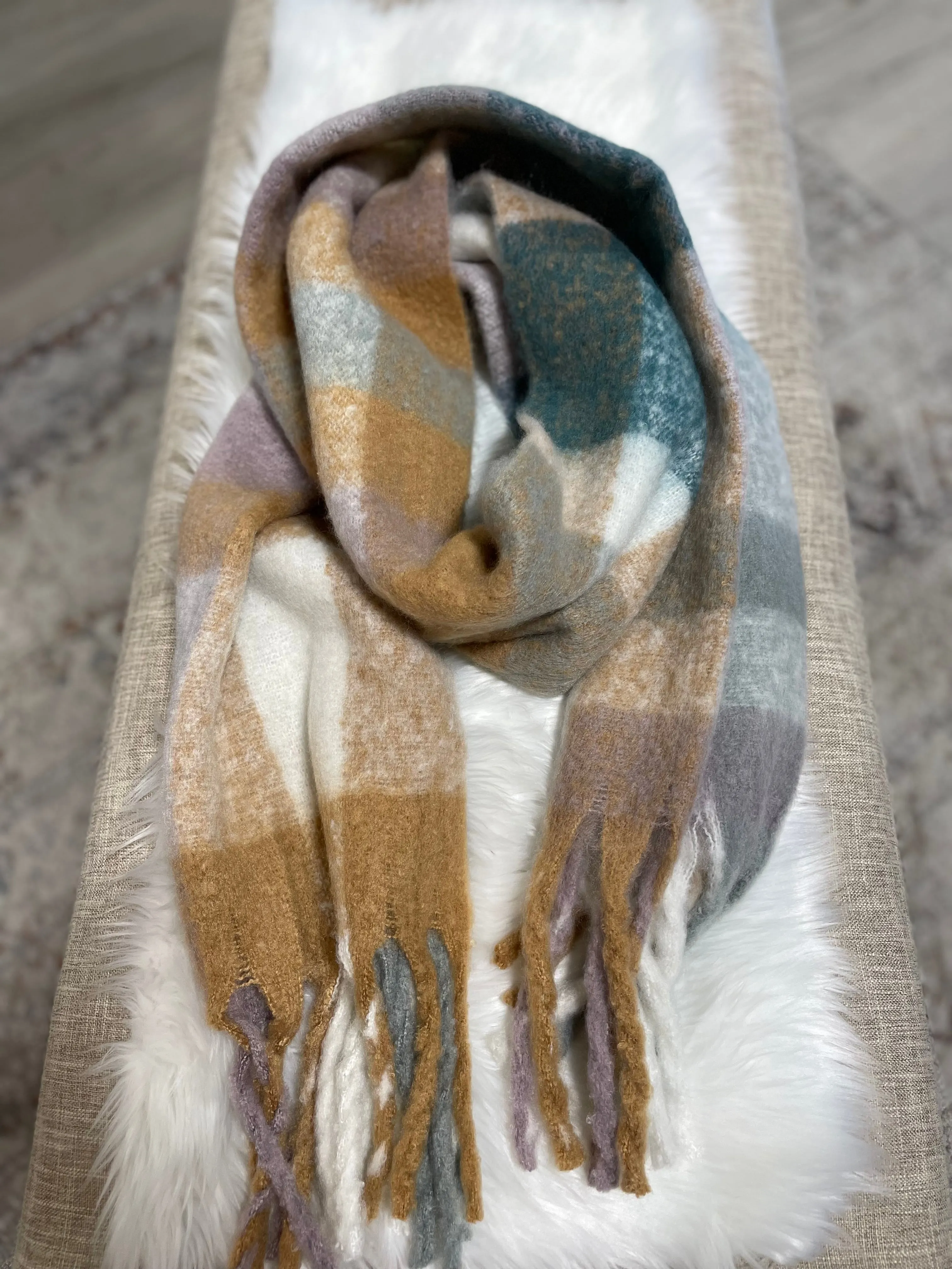 Teal & Tan Plaid Super Soft Scarf w/Fringe