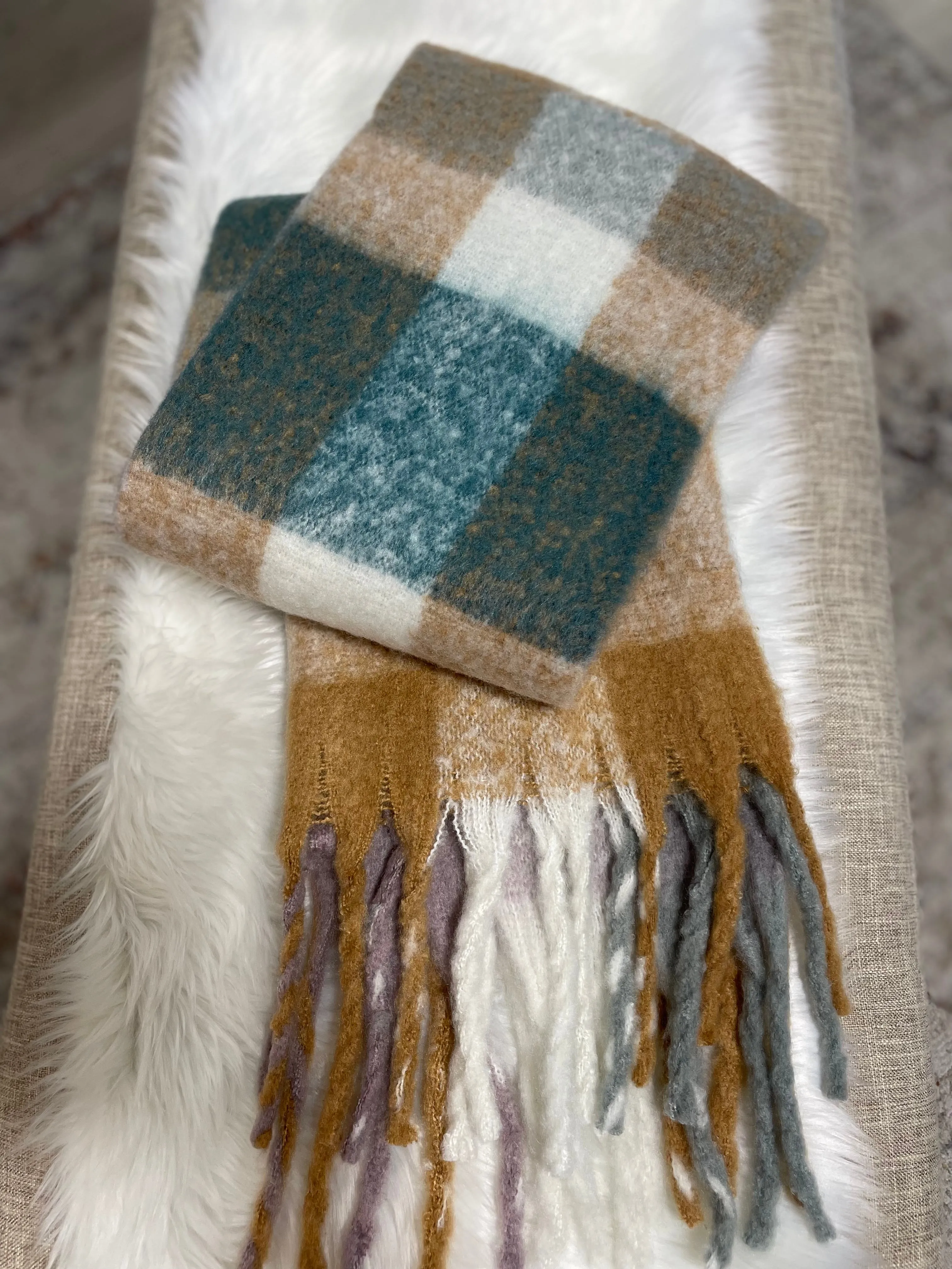 Teal & Tan Plaid Super Soft Scarf w/Fringe