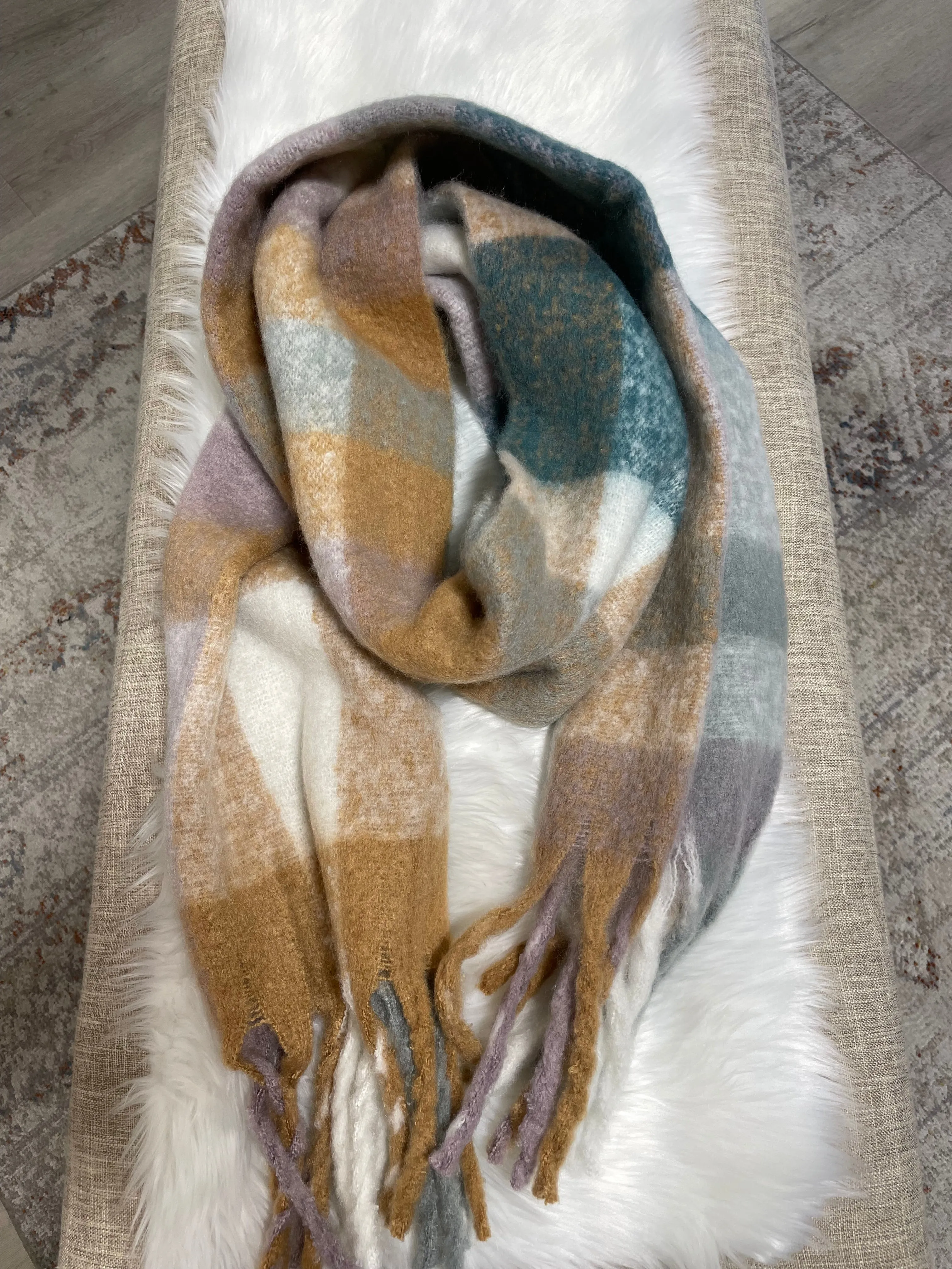 Teal & Tan Plaid Super Soft Scarf w/Fringe