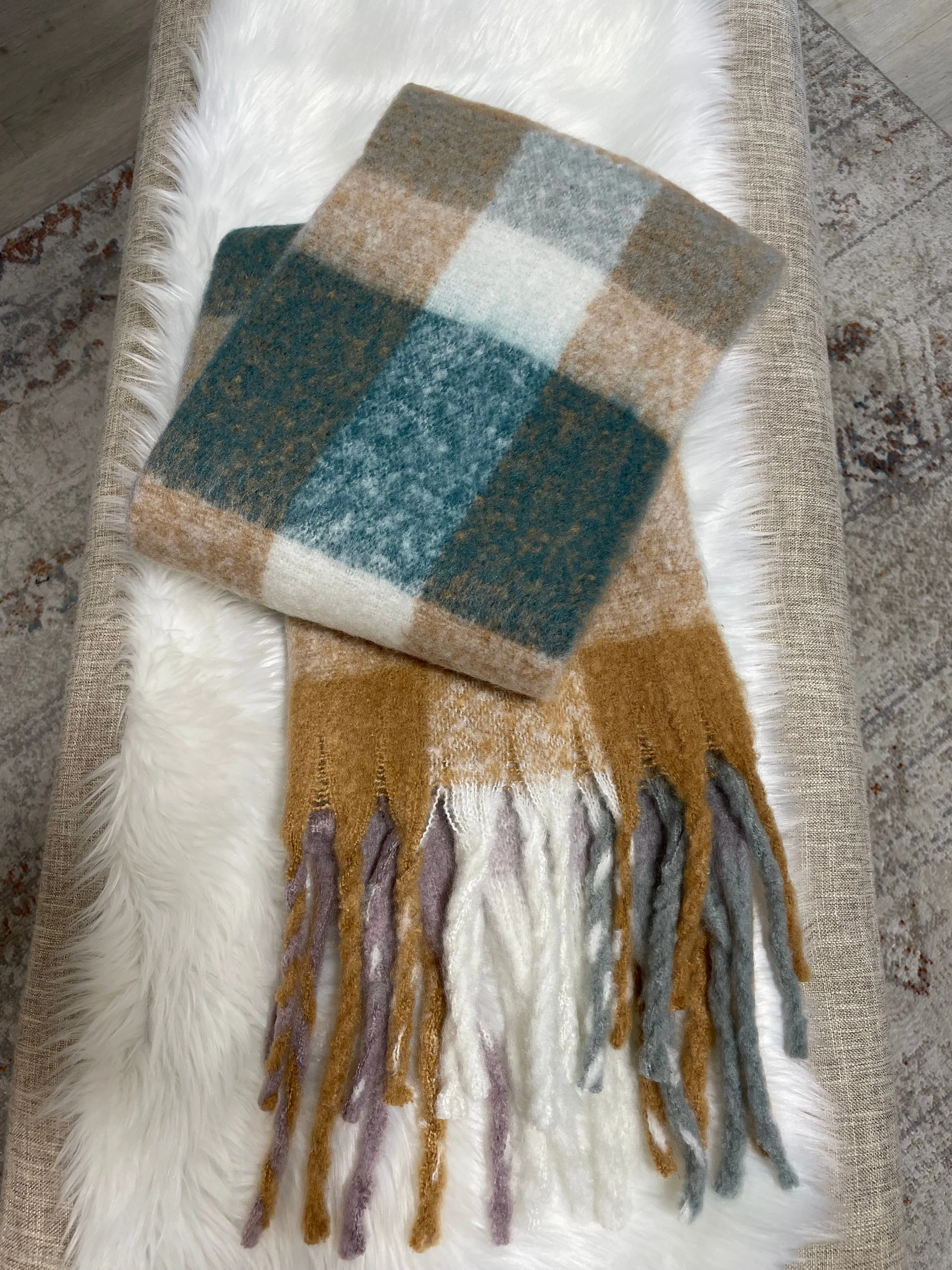 Teal & Tan Plaid Super Soft Scarf w/Fringe