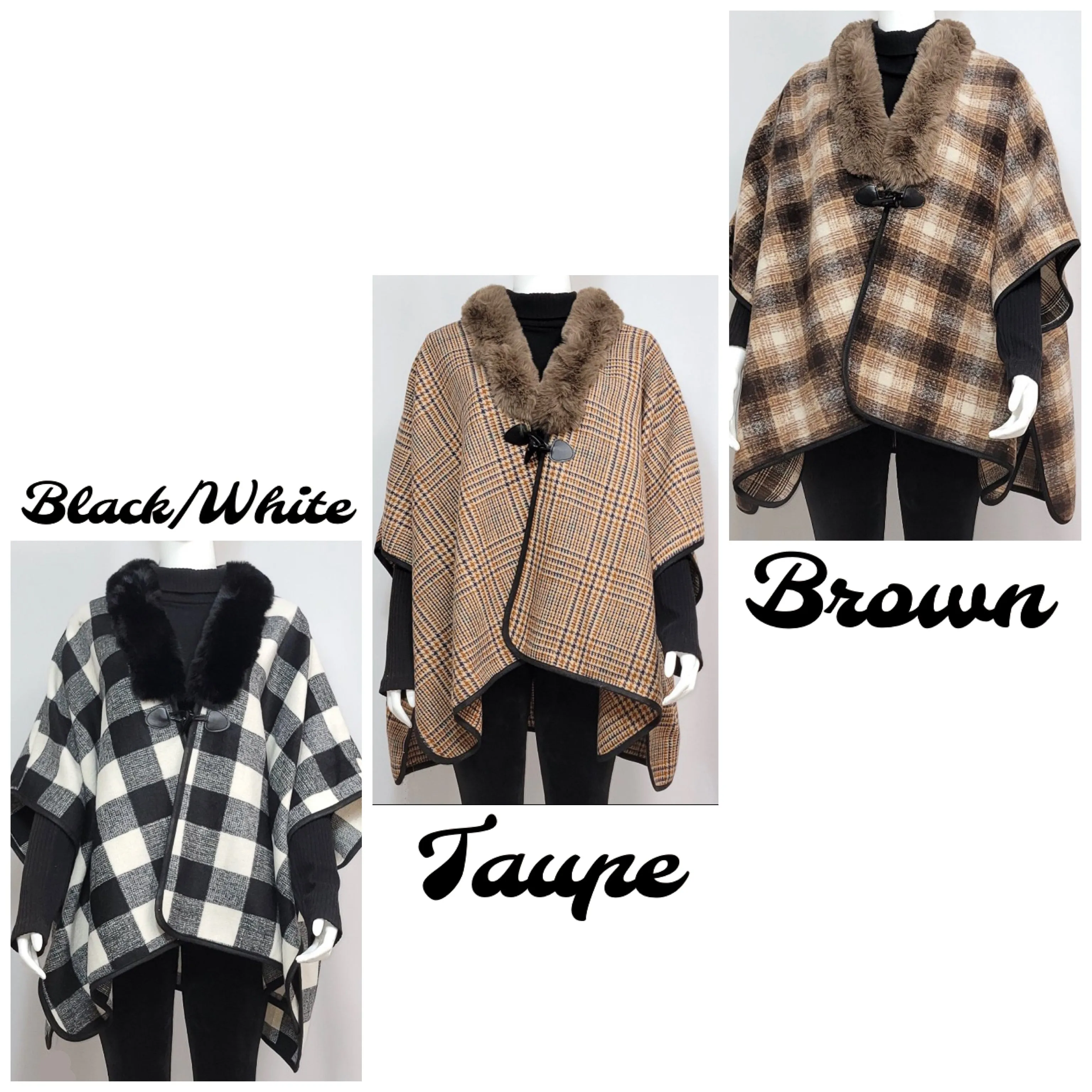 Toggle Close Faux Fur Collar Poncho