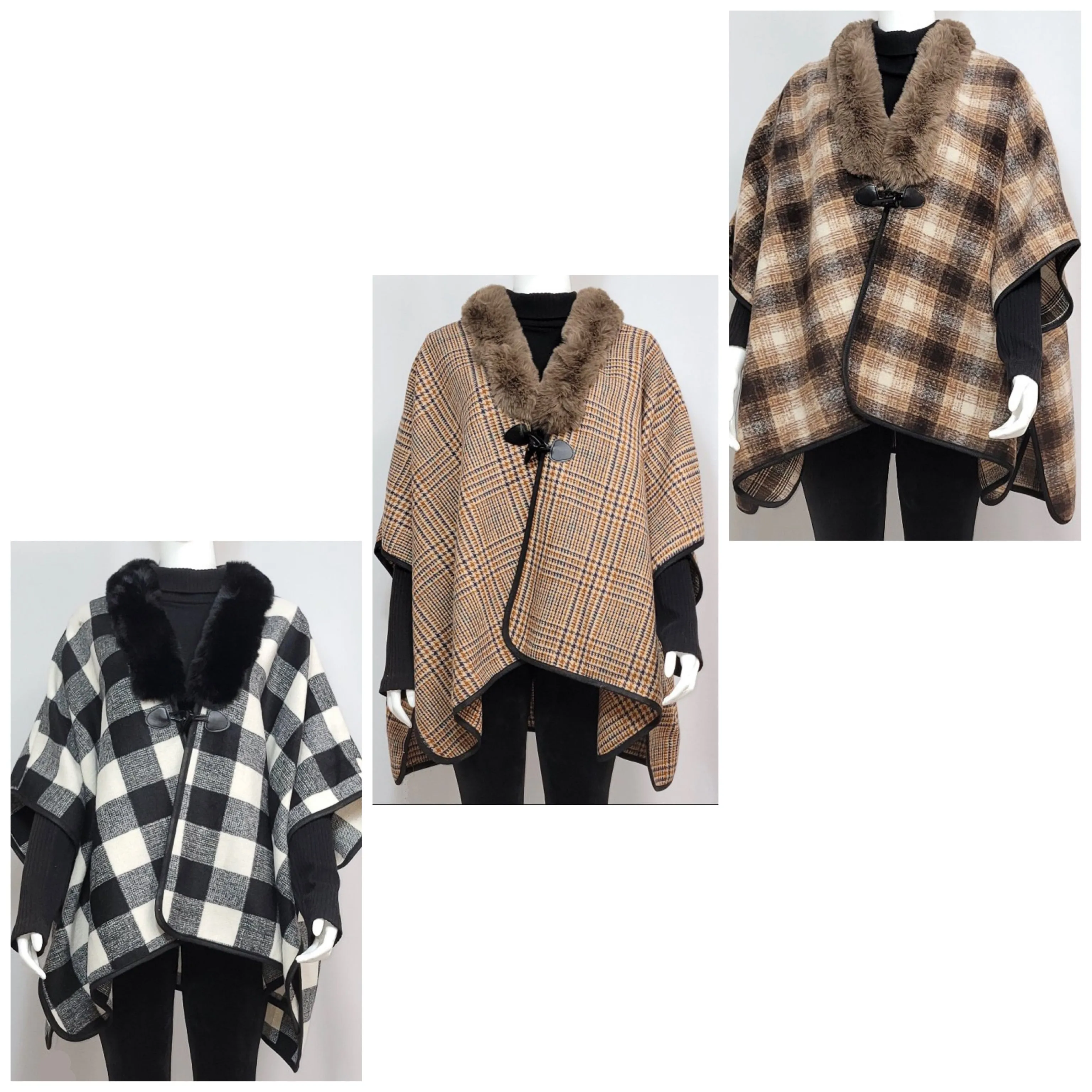 Toggle Close Faux Fur Collar Poncho