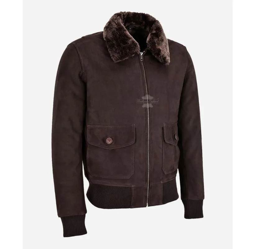 TOP GUN Brown Leather Bomber REMOVEABLE FUR COLLARED Jacket