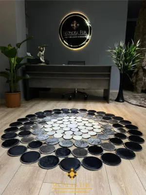 Tricolor Circular Natural Cowhide Rug, Handmade Cowhide Round Rug, Patchwork Decorative Rug