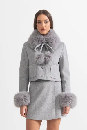 Two-Piece Ensemble With Fur-Trimmed Jacket And Matching Skirt - Gray