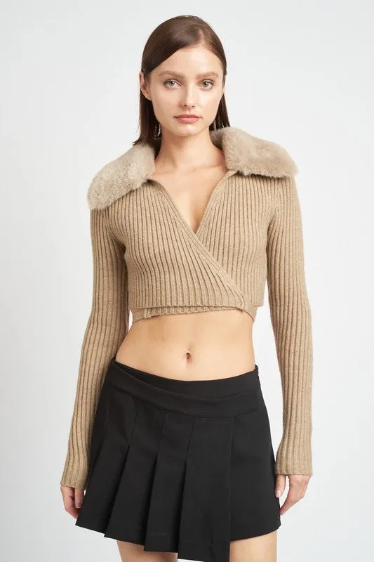 V Neck Cardigan With Fur Collar