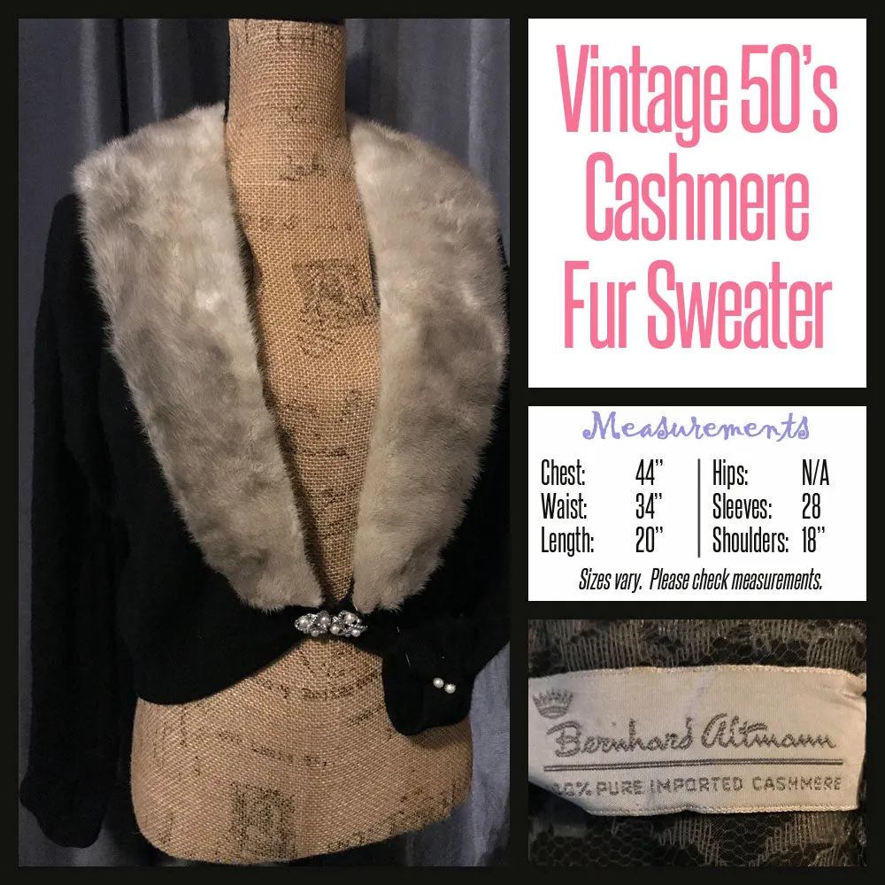 Vintage 50's Black Cashmere Fur Collar Cardigan Sweater w Pearl Altmann 44B L