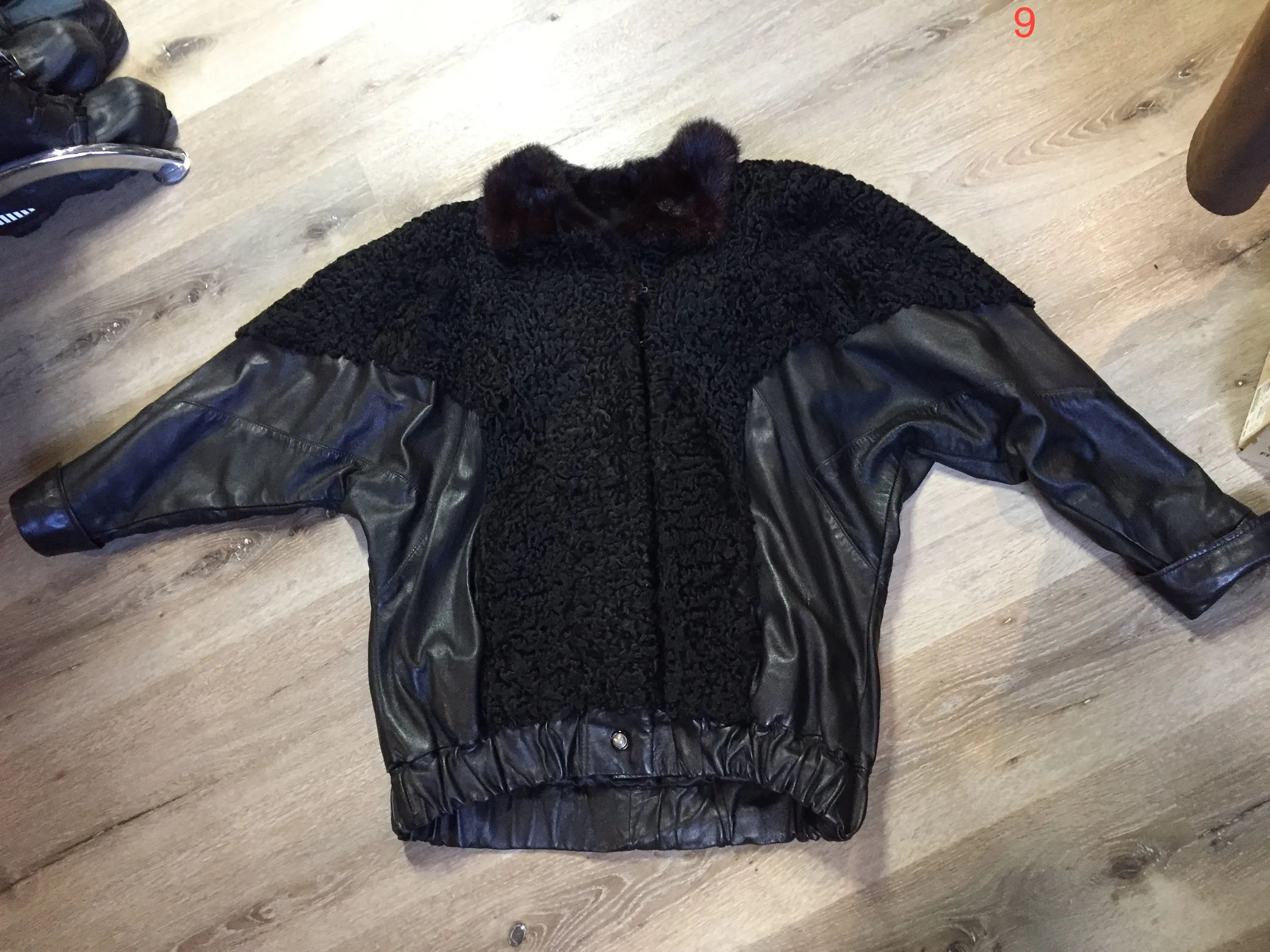 Vintage Black "Frank Furs" 1980's Persian Lamb and Leather Jacket with Fur Collar, Made in Canada