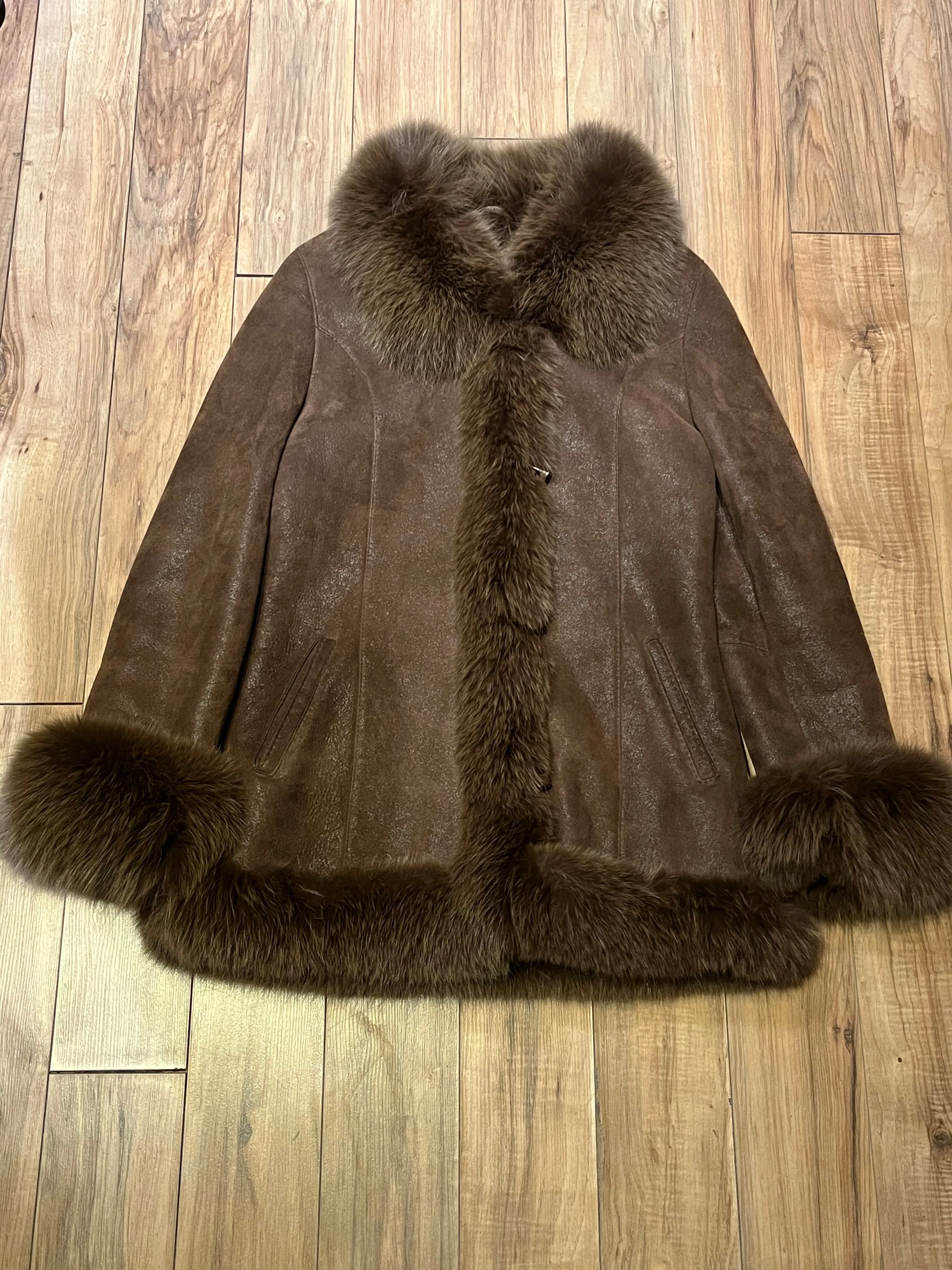 Vintage Bozena Hand-Made Brown Shearling Coat with Fur Trim, Size Medium