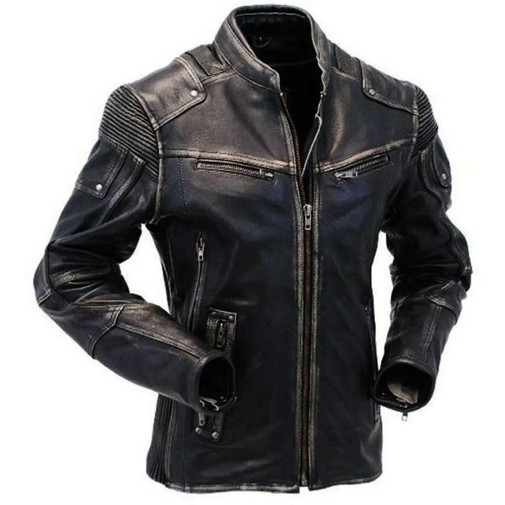 Vintage Cafe Racer Street Biker Leather Jacket Mens Distressed Black Motorcycle Coat