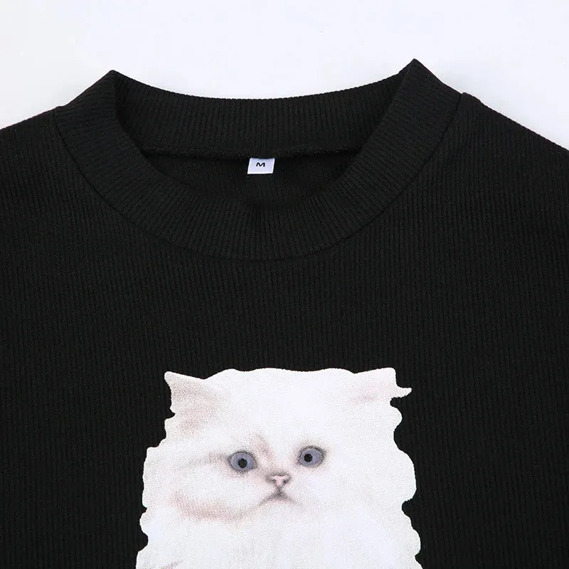 Vintage Cat Print Faux Fur Trim Long Sleeve Top