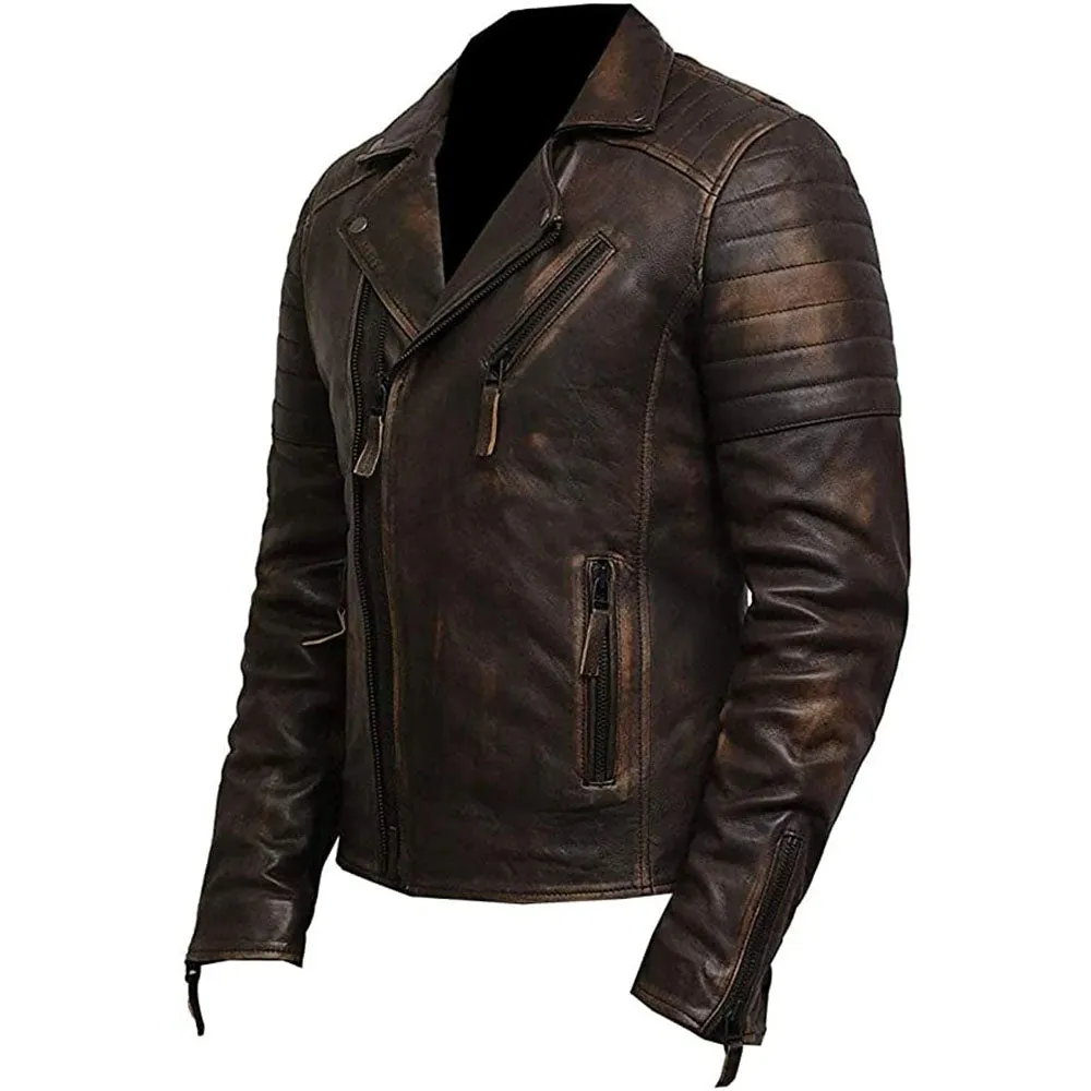 Vintage Style Double Zip Distressed Brown Biker Leather Jacket Mens