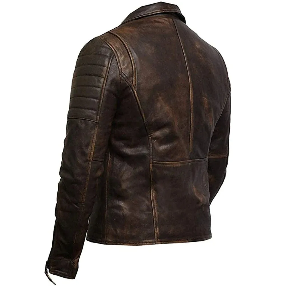 Vintage Style Double Zip Distressed Brown Biker Leather Jacket Mens