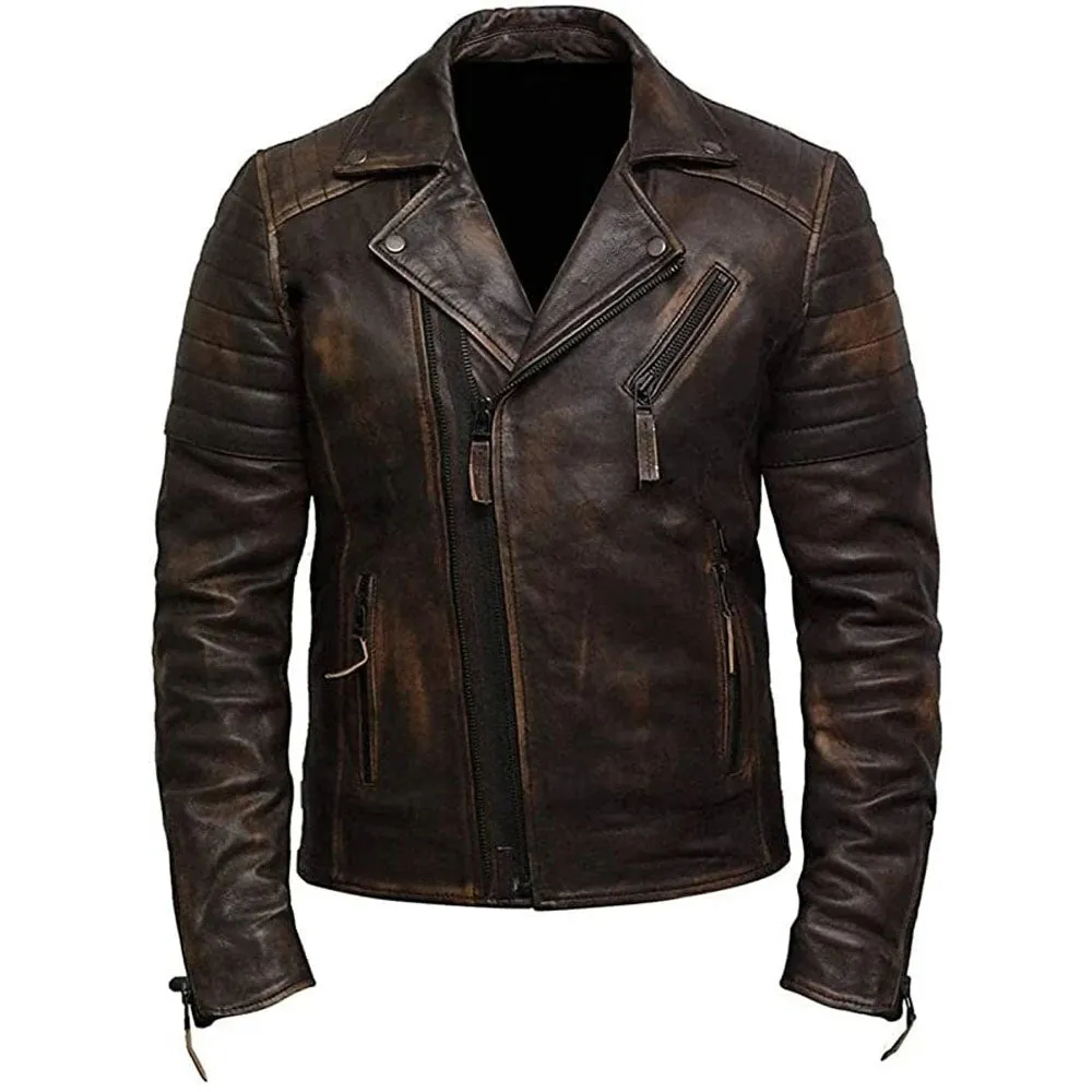 Vintage Style Double Zip Distressed Brown Biker Leather Jacket Mens