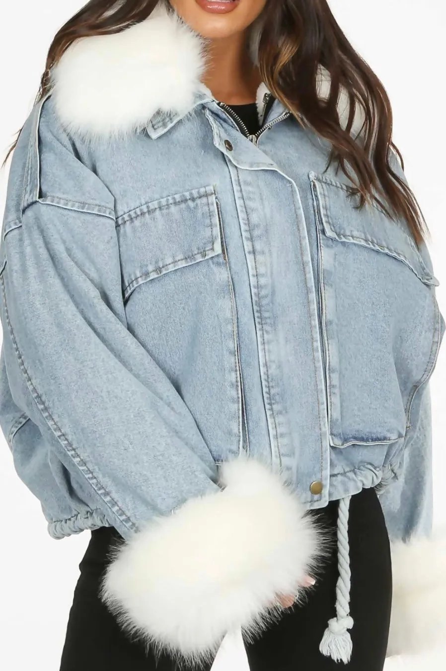 White Faux Fur Oversized Denim Jacket