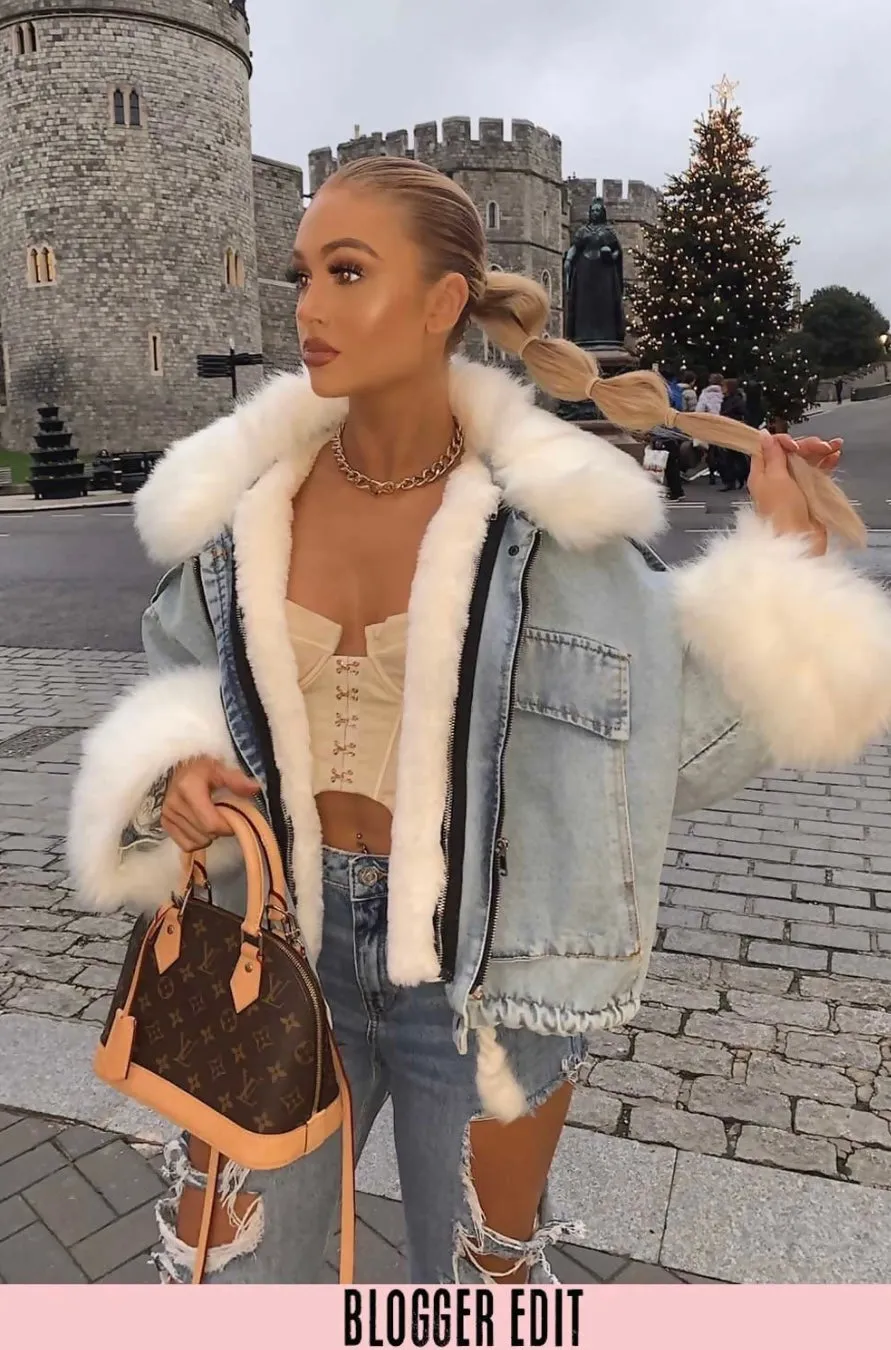 White Faux Fur Oversized Denim Jacket