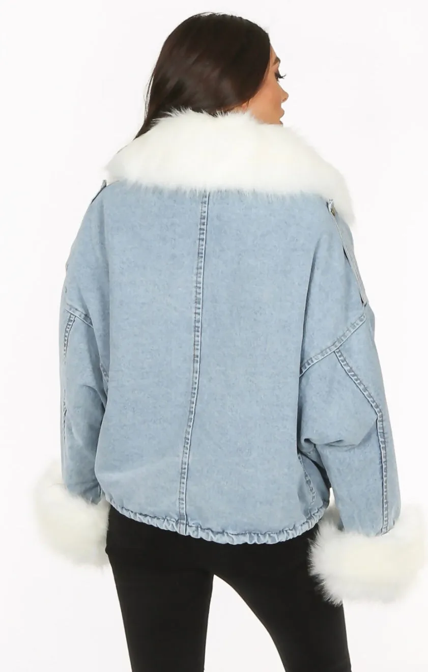 White Faux Fur Oversized Denim Jacket