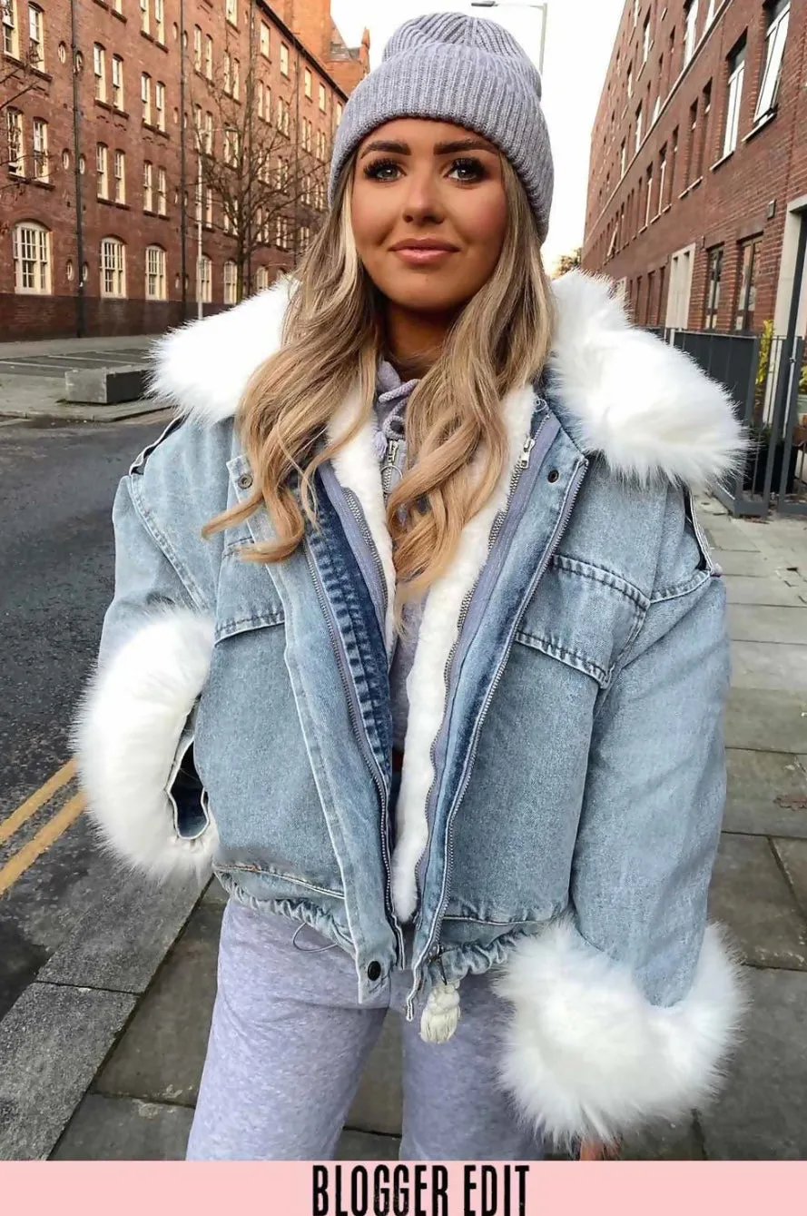 White Faux Fur Oversized Denim Jacket