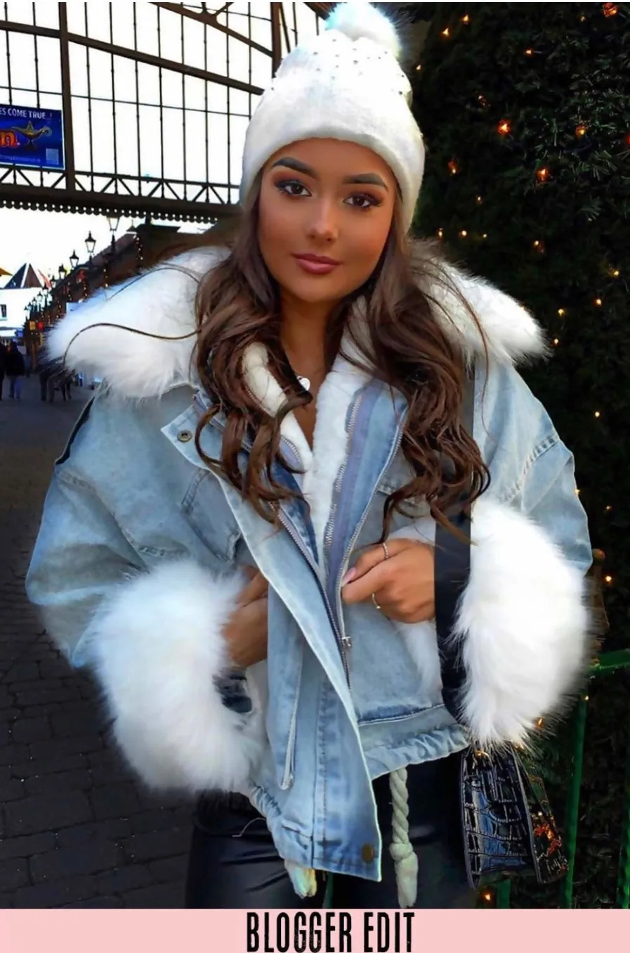 White Faux Fur Oversized Denim Jacket