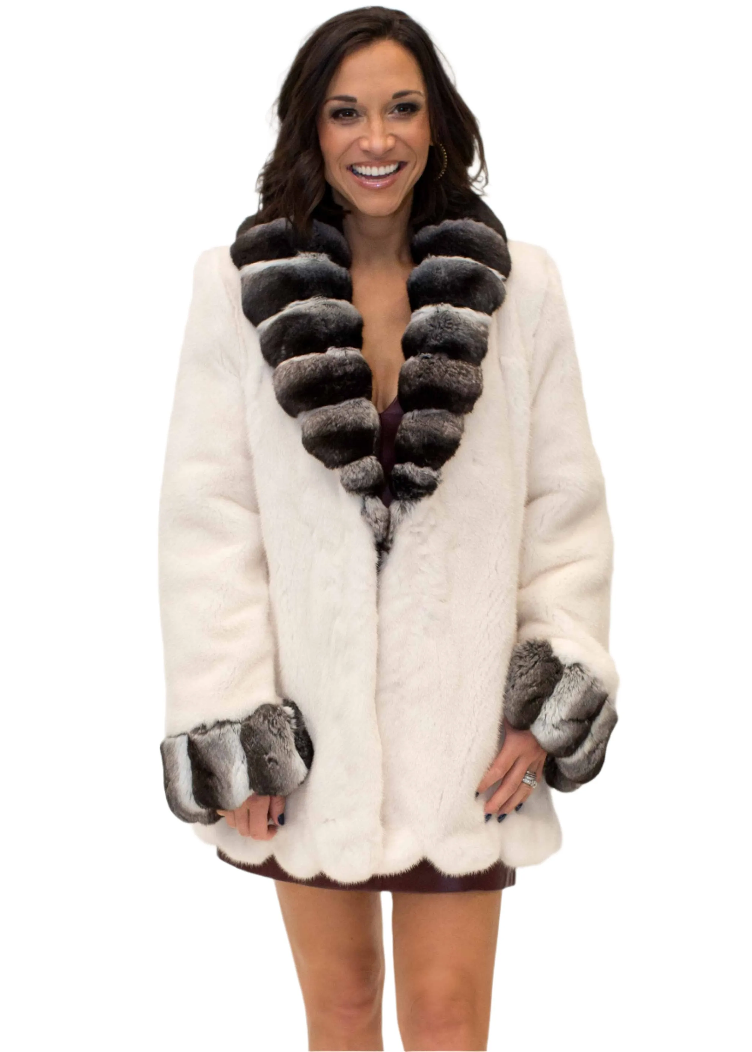 White Mink Scallop Trim Fur Jacket with Chinchilla Fur Trimmed Collar and Cuffs