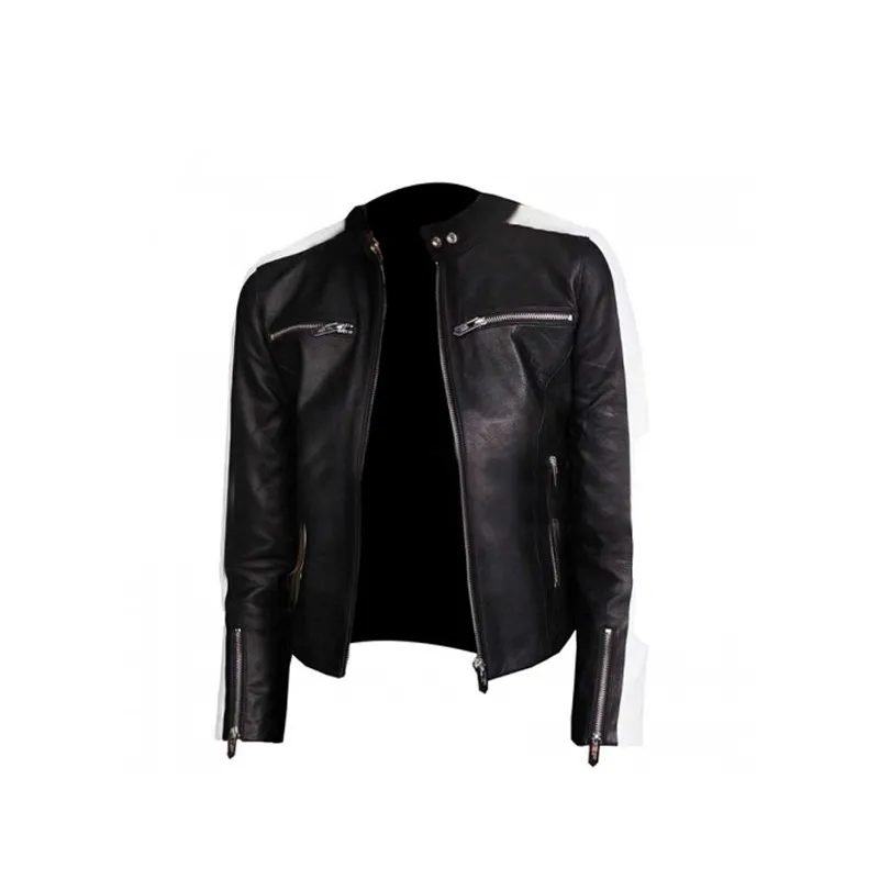 White Striped Black Cafe Racer Leather Jacket For Women