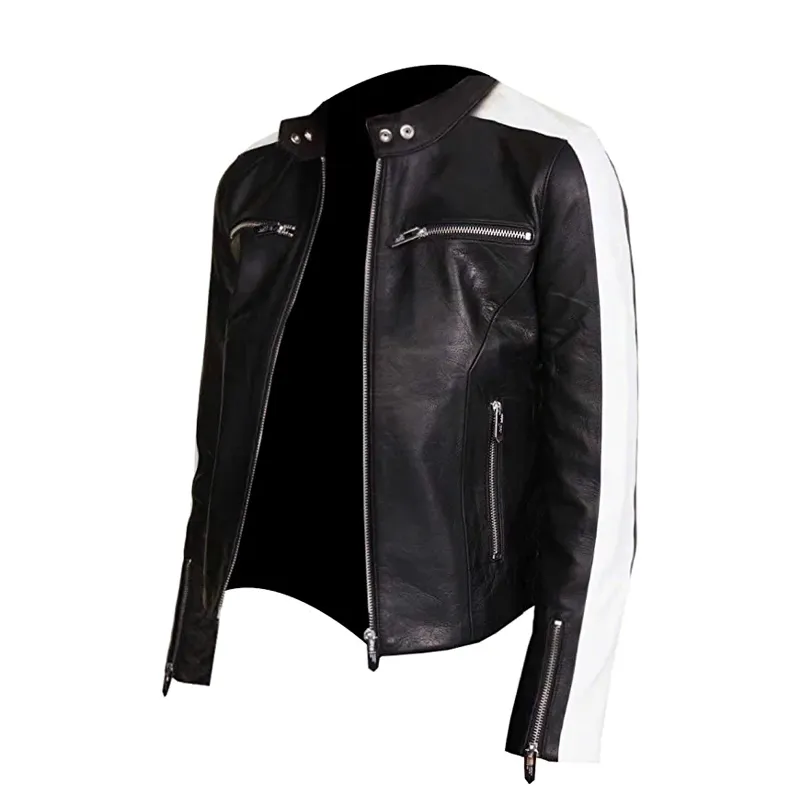 White Striped Black Cafe Racer Leather Jacket For Women