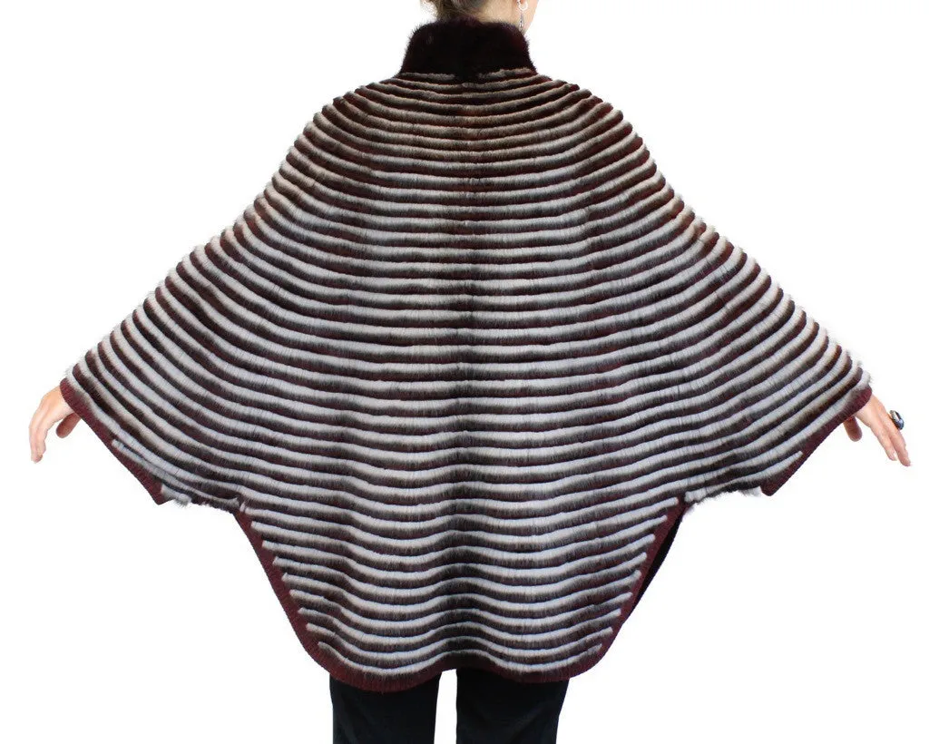 WINE RED & GRAY HORIZONTAL STRIPED MINK FUR & WOOL PONCHO SWEATER