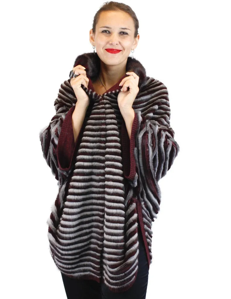 WINE RED & GRAY HORIZONTAL STRIPED MINK FUR & WOOL PONCHO SWEATER