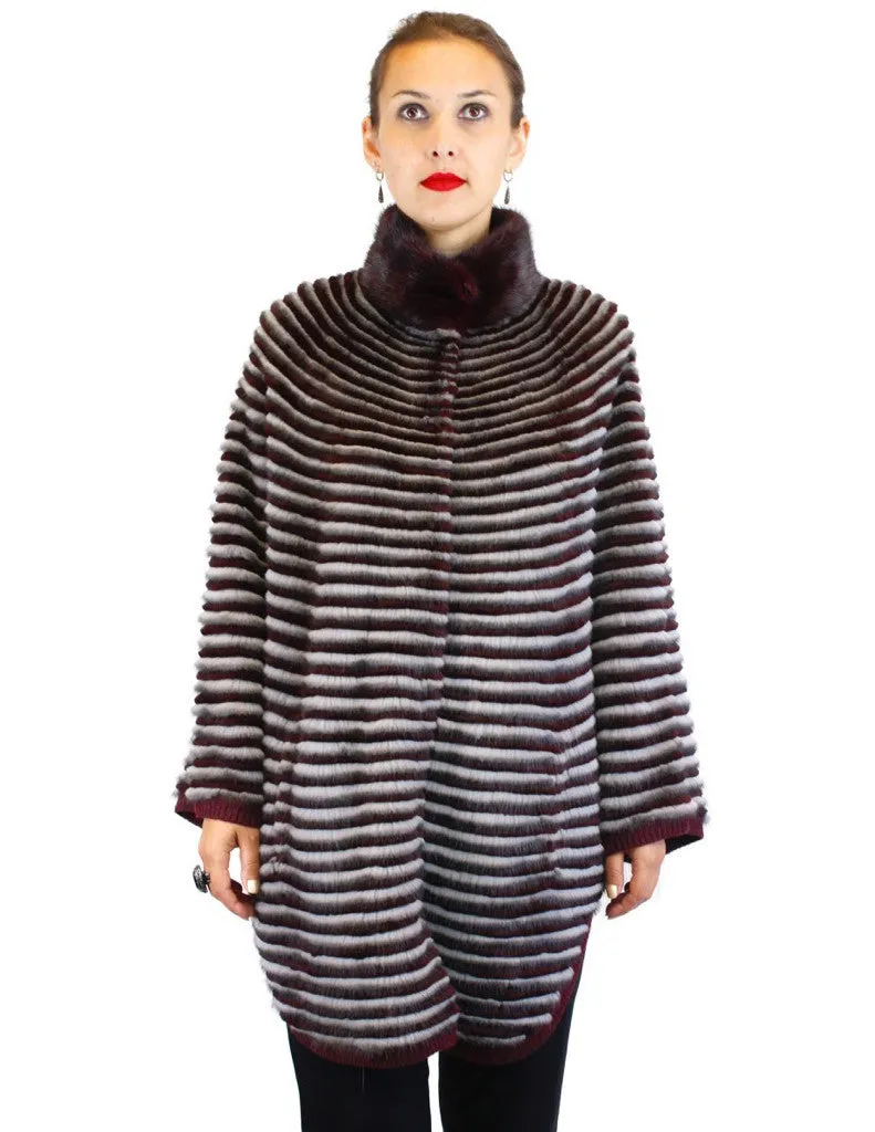 WINE RED & GRAY HORIZONTAL STRIPED MINK FUR & WOOL PONCHO SWEATER