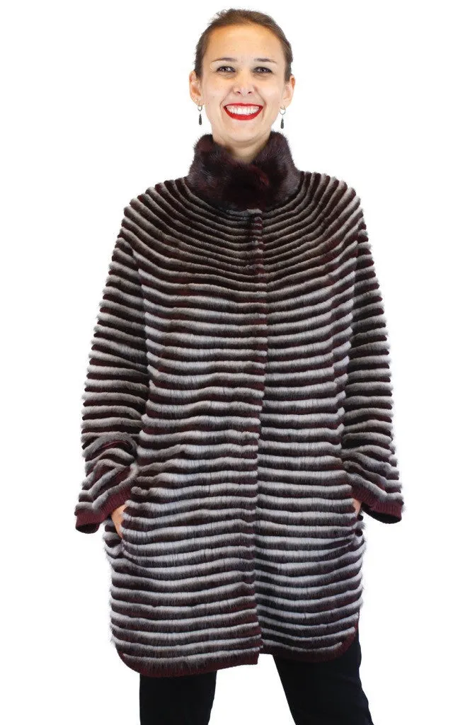 WINE RED & GRAY HORIZONTAL STRIPED MINK FUR & WOOL PONCHO SWEATER