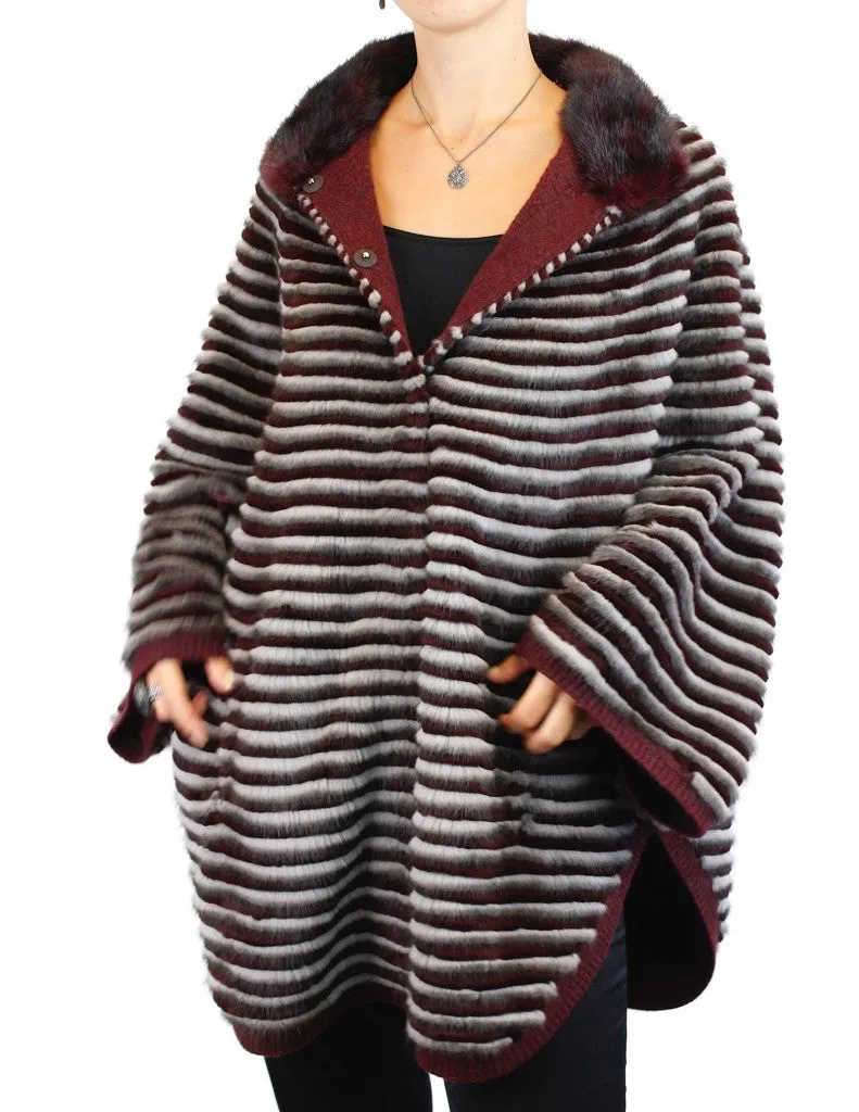 WINE RED & GRAY HORIZONTAL STRIPED MINK FUR & WOOL PONCHO SWEATER